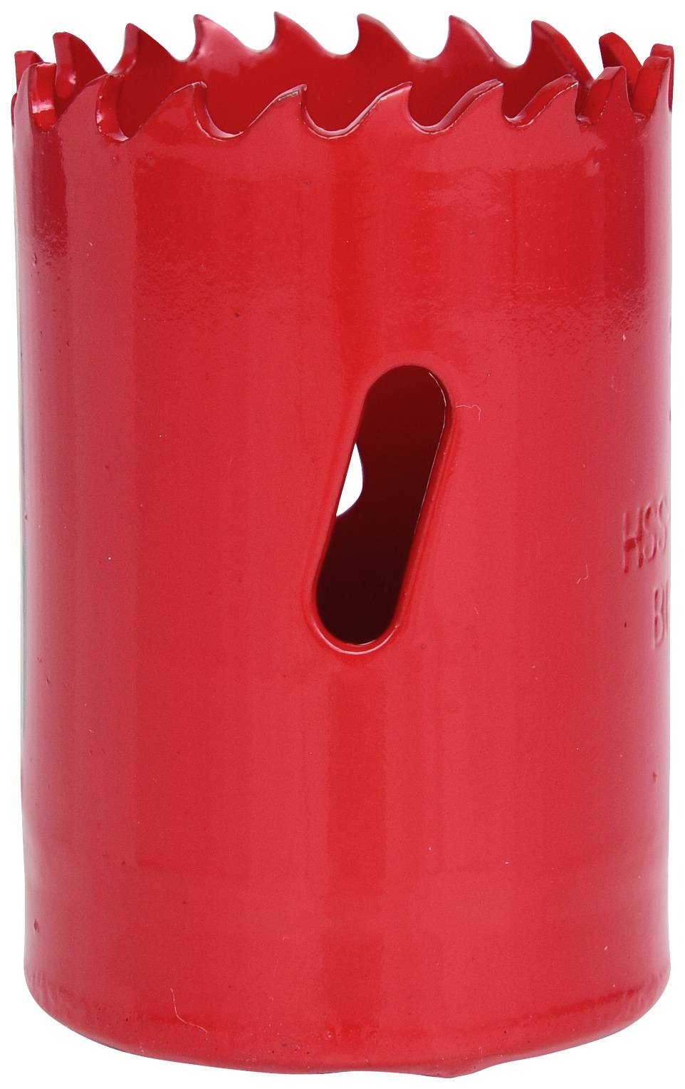 Rotes Lochsägeblatt mit gezackter Schneide und ovaler Öffnung an der Seite, hauptsächlich für Holz- und Metallbearbeitung verwendet.