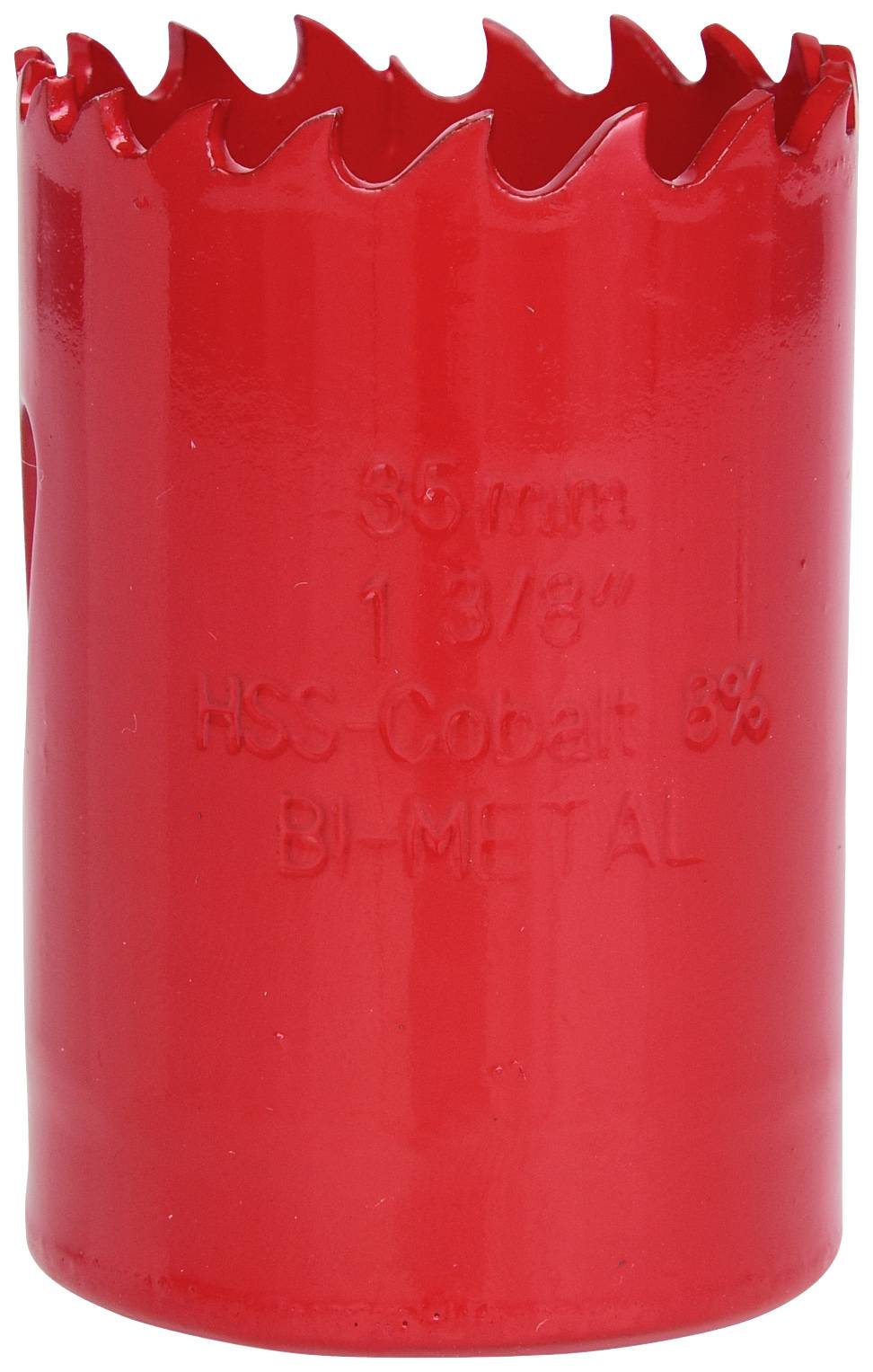 Roter Lochsägeaufsatz mit einer Beschriftung: '35 mm, 1 3/8