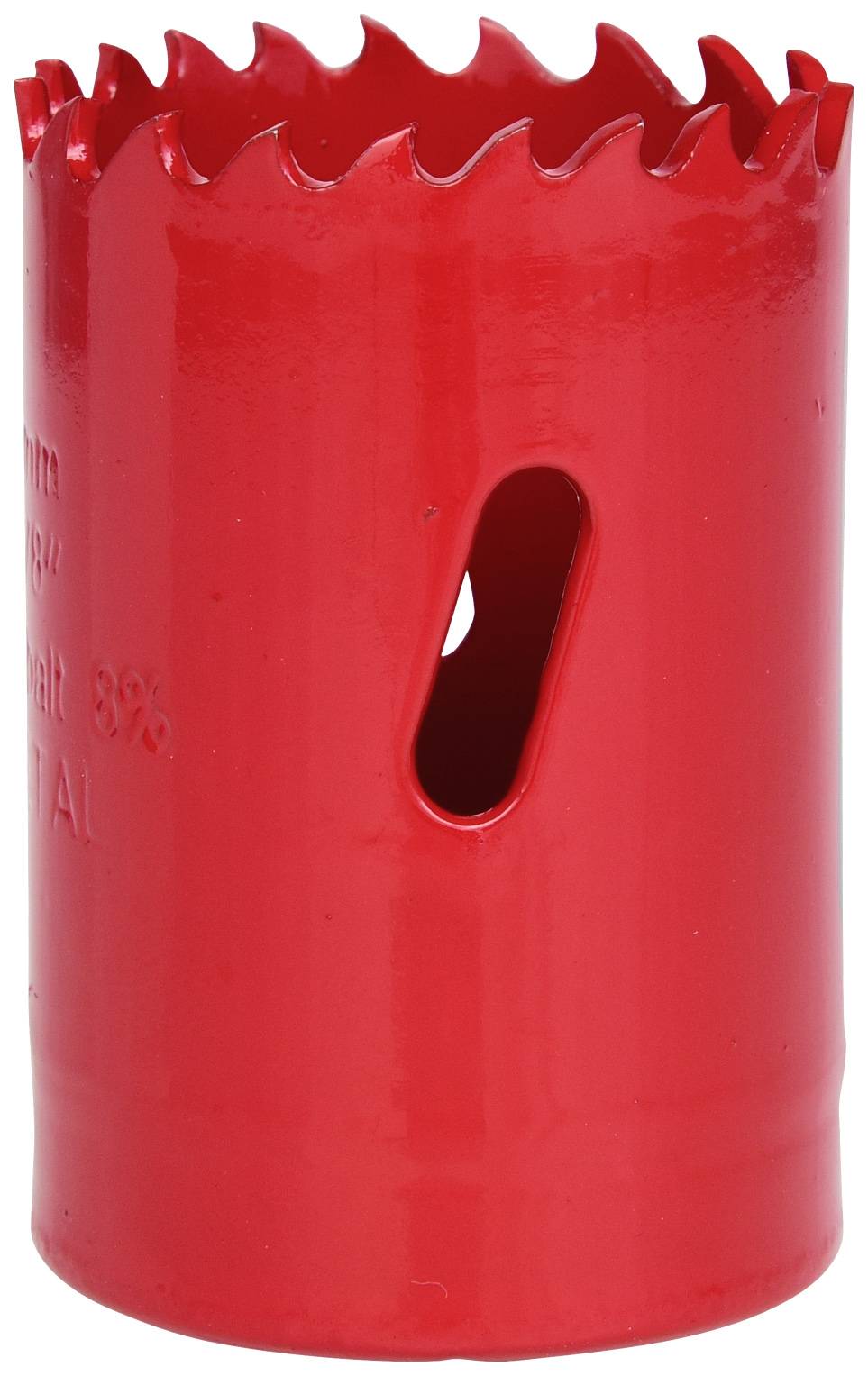 Ein roter Hohlbohrer mit gezackten Kanten und einem ovalen Loch an der Seite.