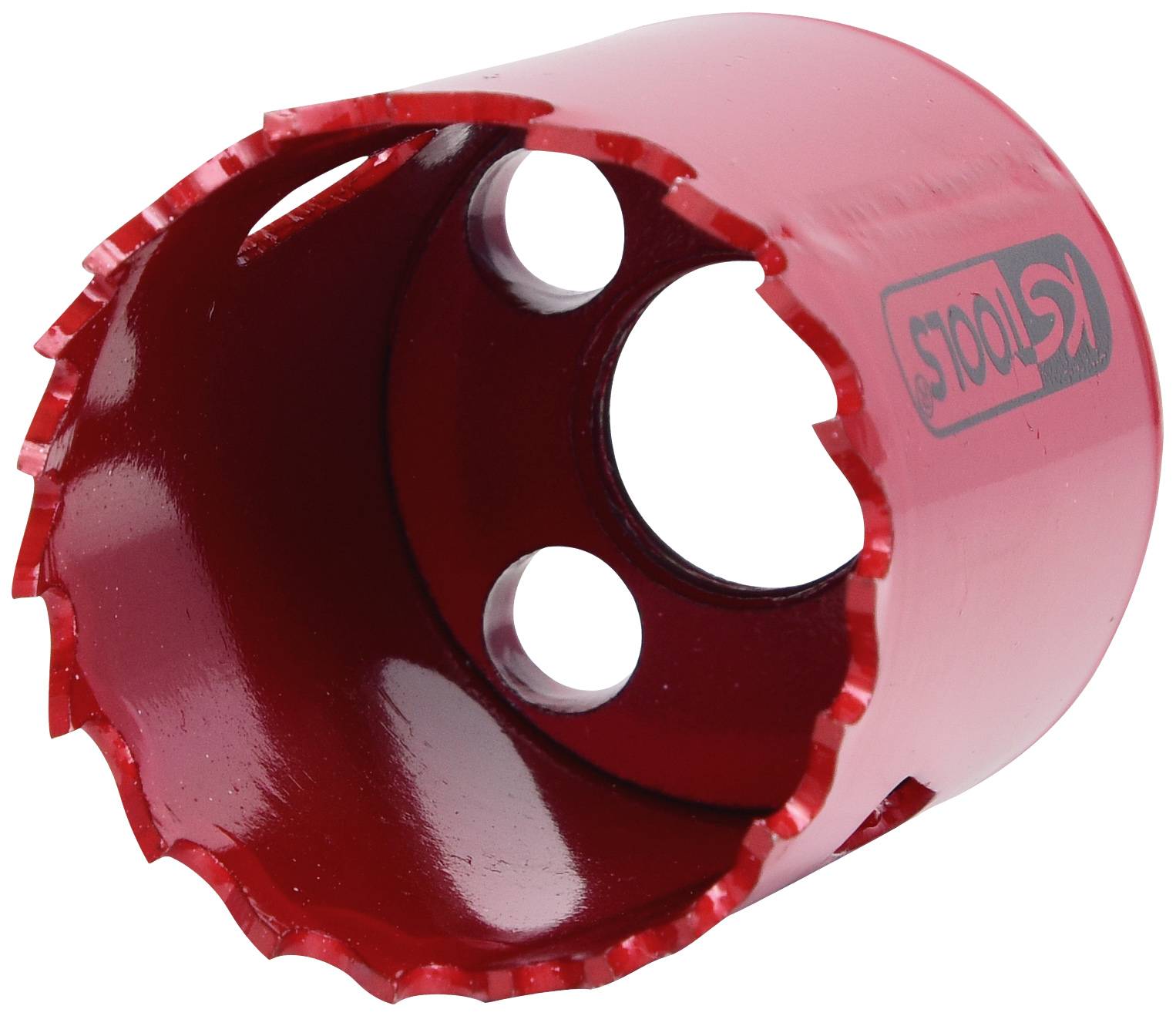 Metalllochkreissäge mit roter Lackierung und gezackter Kante. Verwendet zum Bohren großer Löcher in Metalloberflächen.