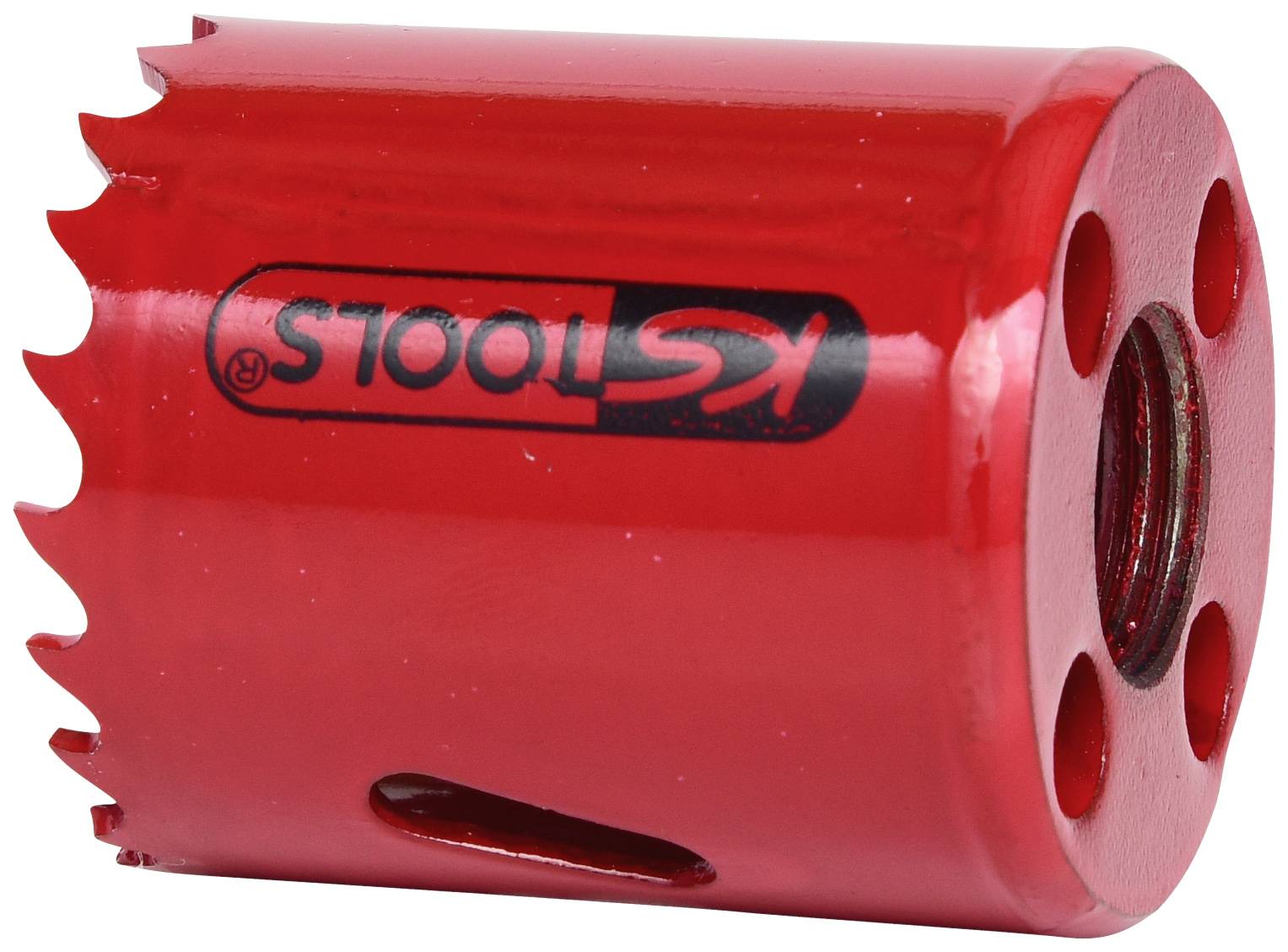 Roter Lochsägen-Aufsatz mit gezacktem Rand und Markierung 'KS TOOLS', verwendet zum Schneiden kreisförmiger Löcher in Materialien.