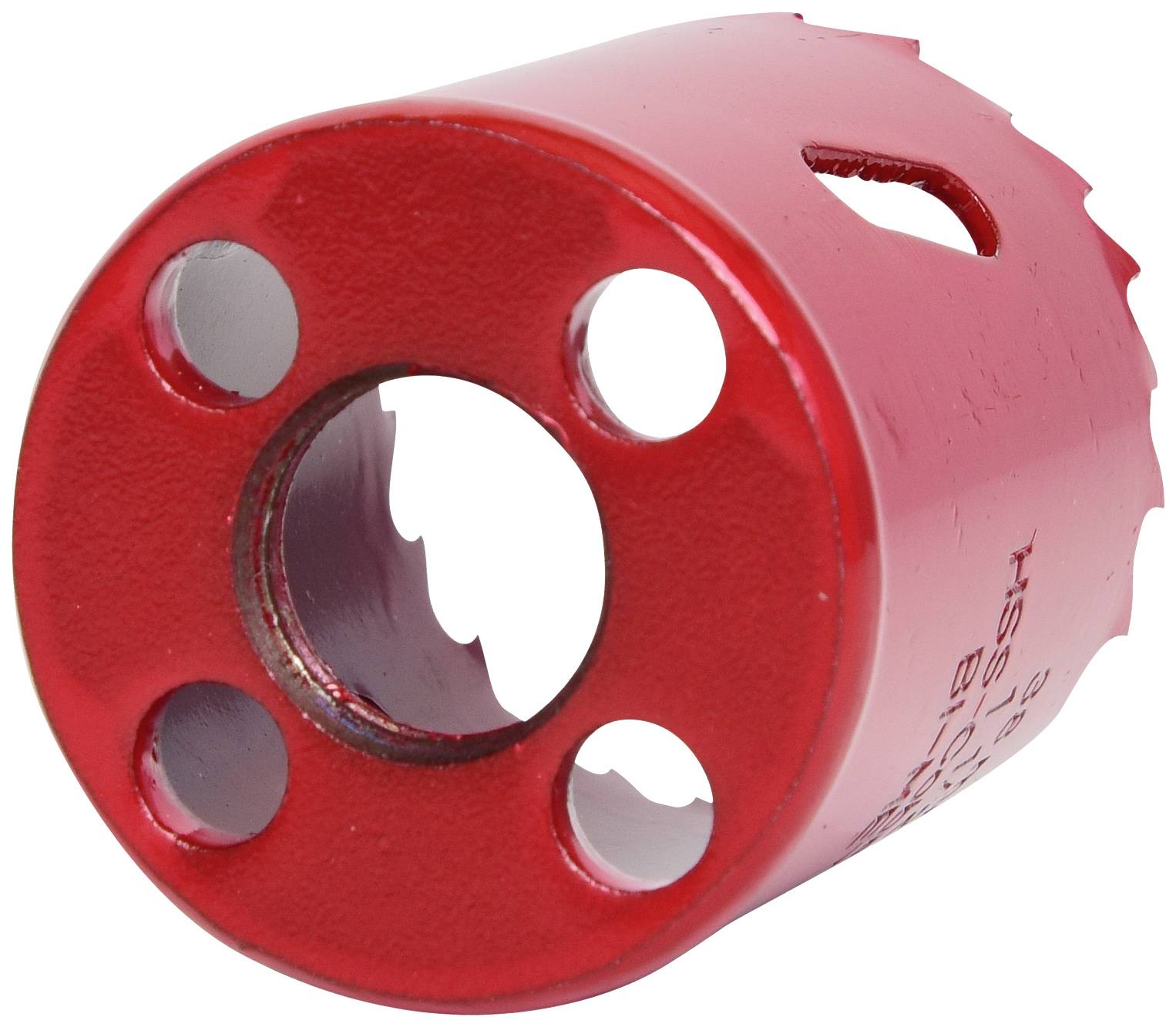 Rote Lochsäge mit vier Nebenschneiden und gezahntem Rand, geeignet zum Bohren großer Löcher in Materialien wie Metall oder Holz.