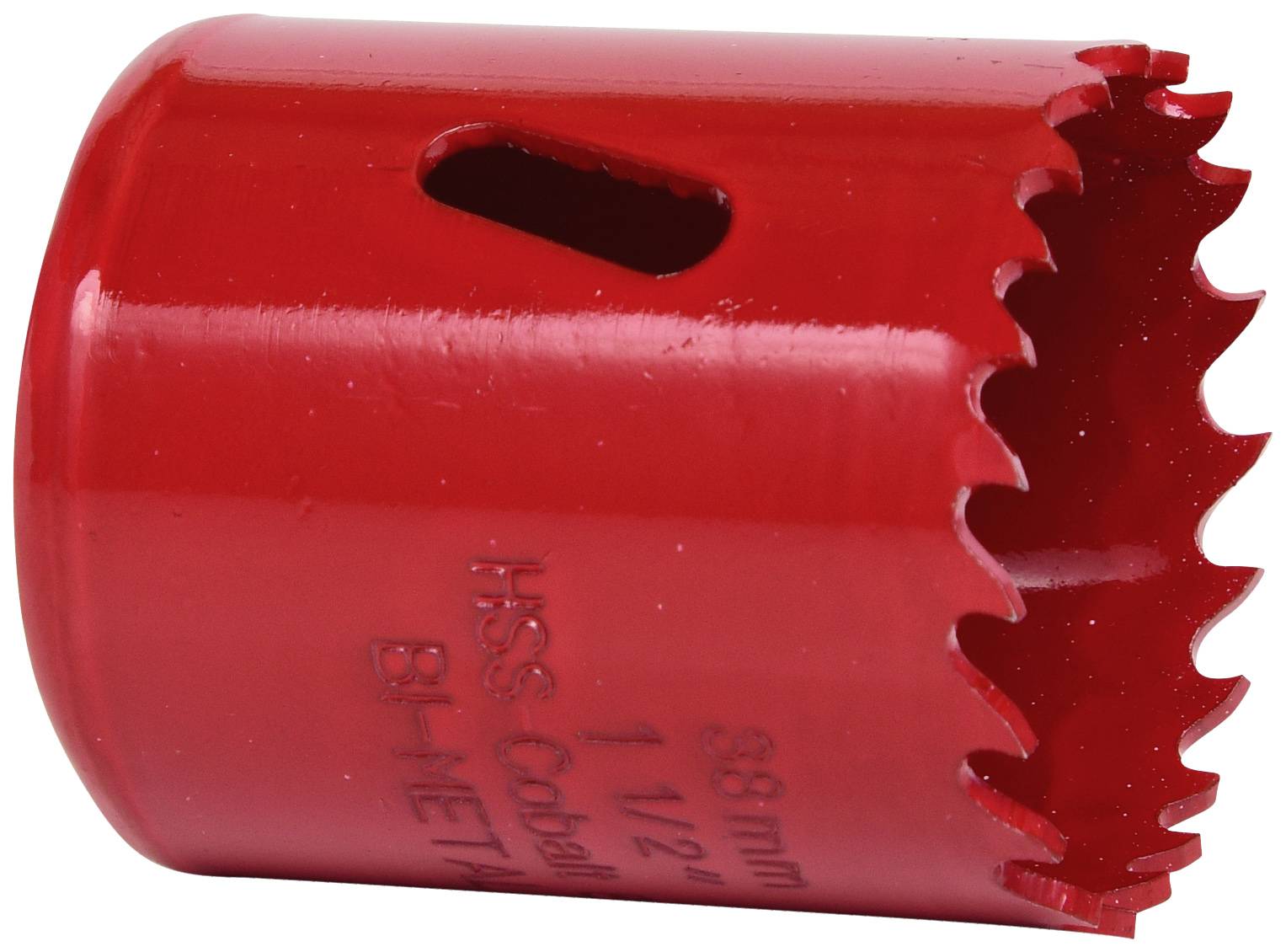 Roter Lochsägeaufsatz mit gezackter Schneide und Aufschrift 'HSS Cobalt Bi-Metal 38 mm, 1 1/2