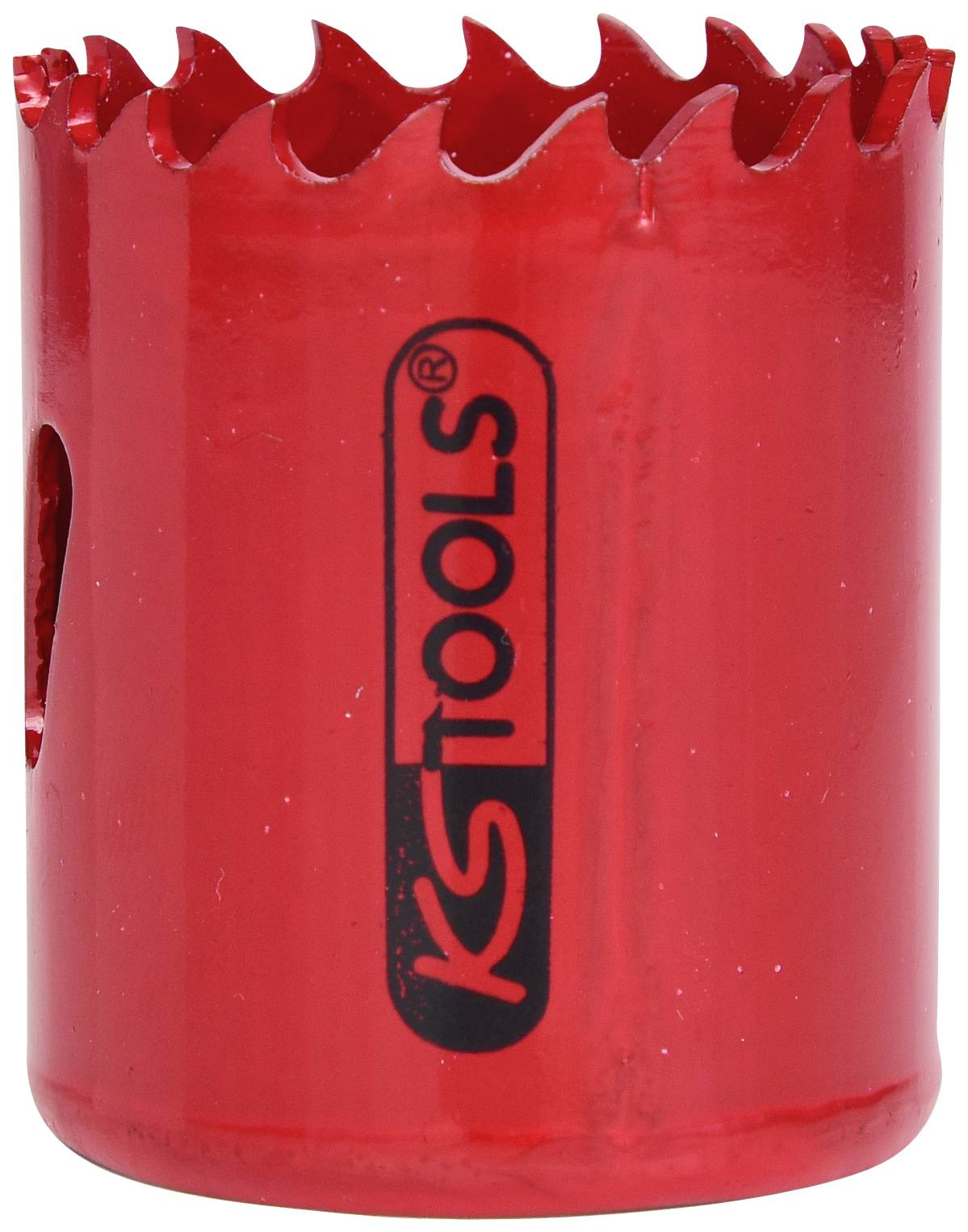 Roter Lochsäge-Aufsatz mit gezackter Kante und KS Tools Logo in der Mitte.