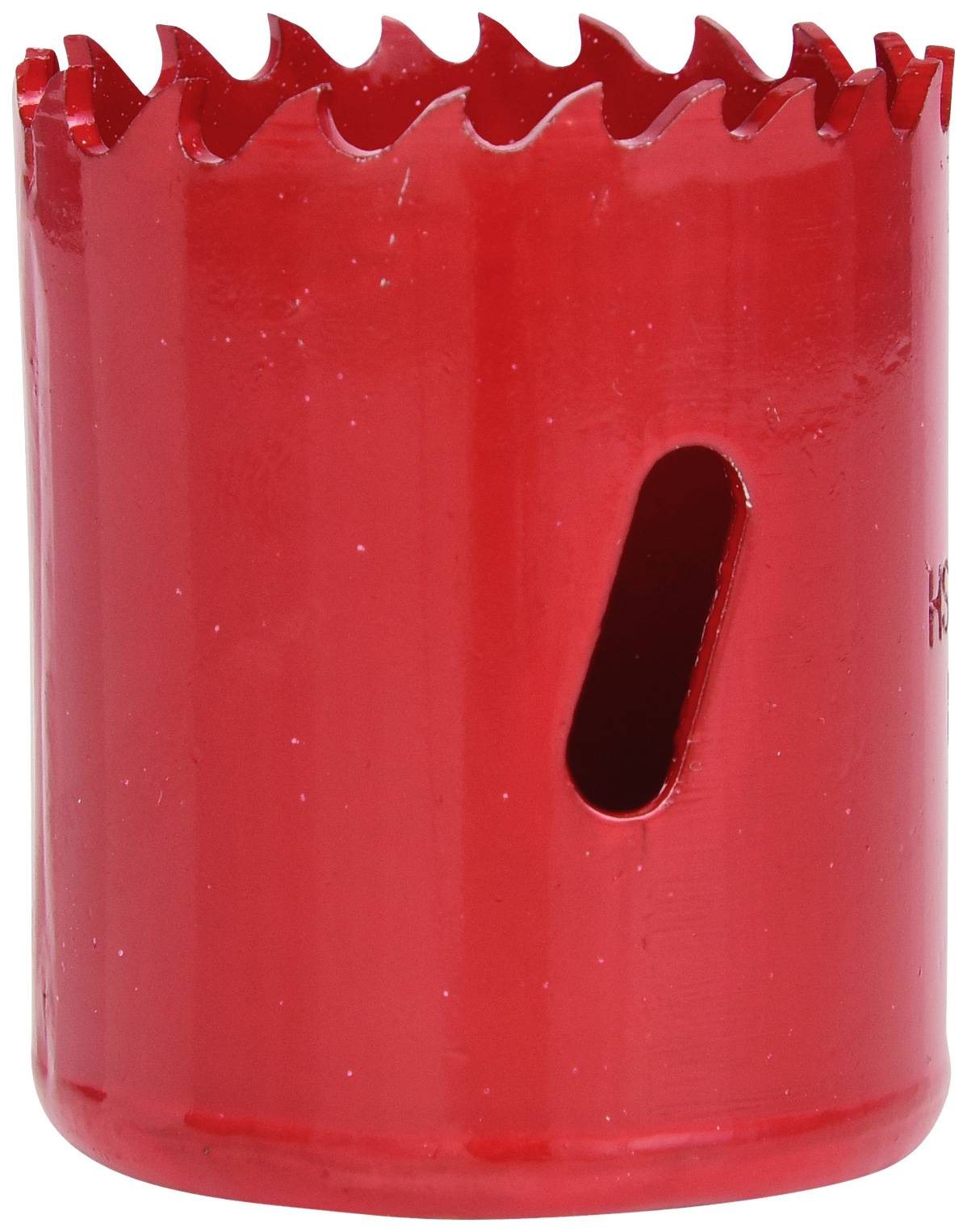 Ein roter Lochsäge-Aufsatz mit gezackter Schneide und ovalem Ausschnitt an der Seite.
