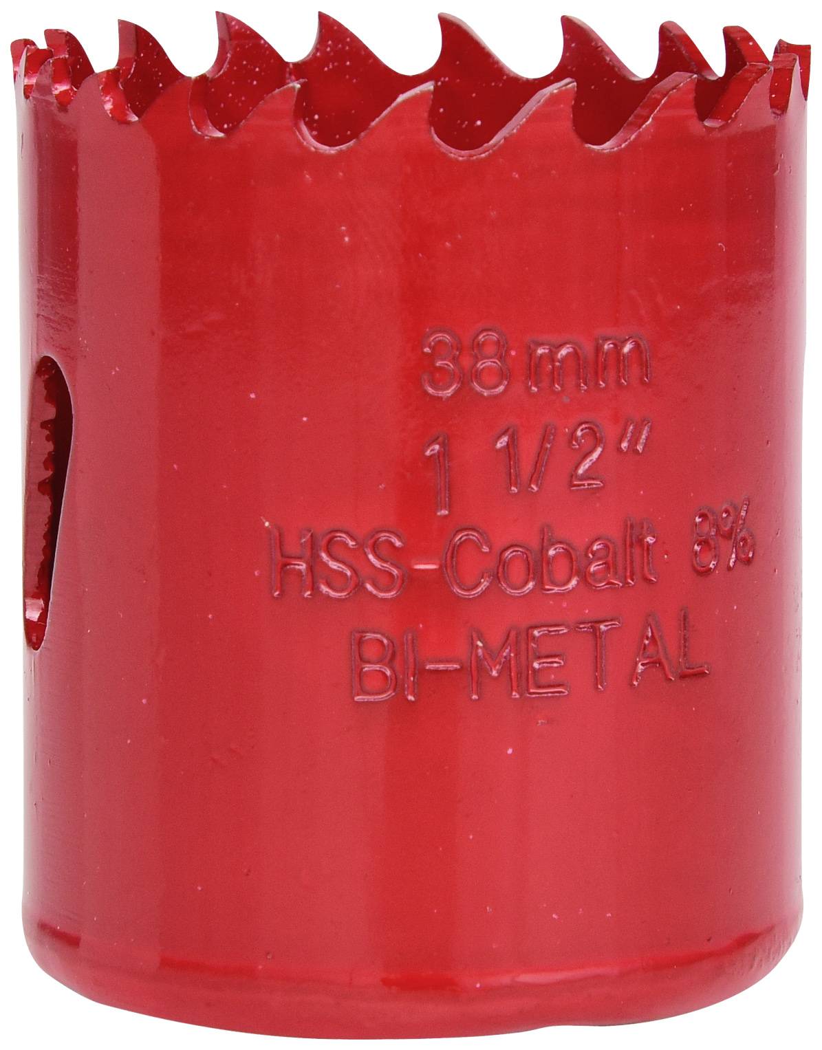 Roter Lochsäge-Bohrer, 38 mm Durchmesser, HSS-Cobalt 8% BI-METAL, gezahnte Kante. Geeignet für Metallschnitte.