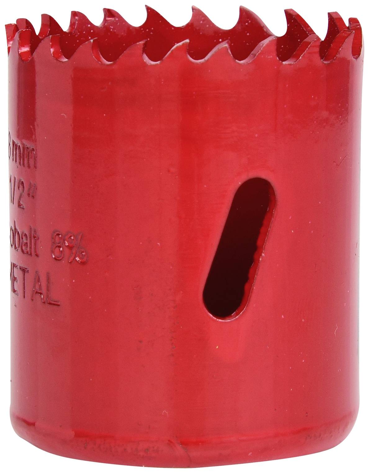 Ein rotes Bohrkronenaufsatz für Metall mit scharfen Zähnen und ovalem Seitenloch.