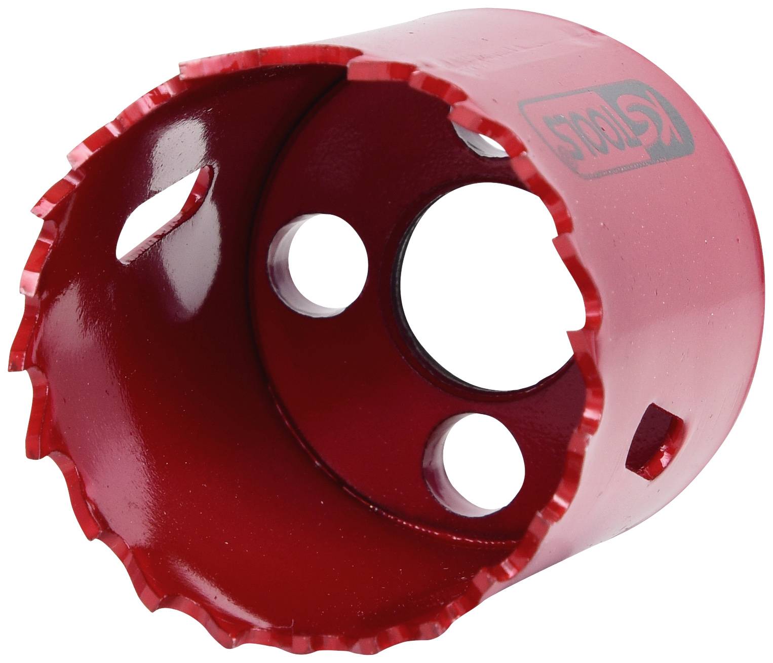 Roter Lochsäge-Aufsatz aus Metall mit scharfen Zähnen und drei Löchern. Eignet sich zum Bohren von runden Öffnungen in Materialien.