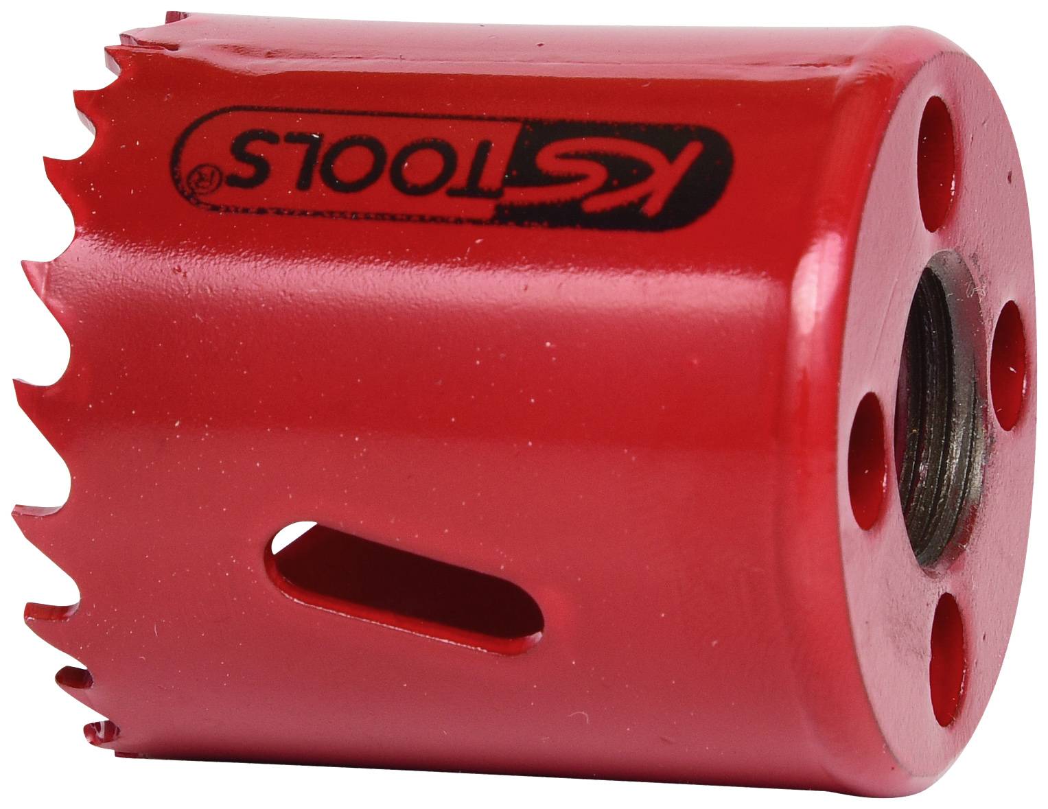 Ein roter Bohrkranz mit gezackter Schneide und seitlichem Schlitz, geeignet für das Bohren von Löchern in verschiedenen Materialien.