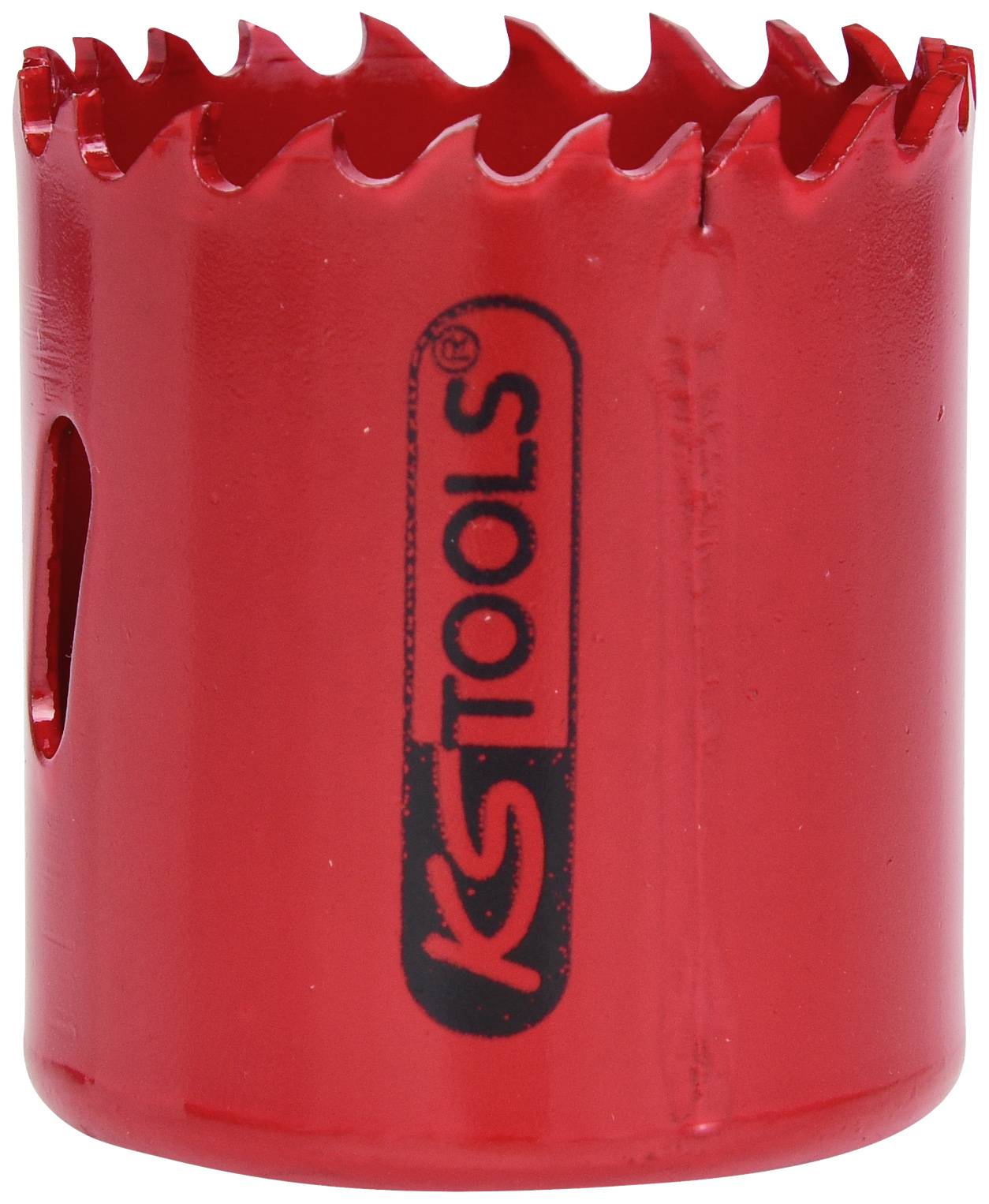 Ein roter Lochsäge-Aufsatz mit scharfen Zähnen, auf dem das Logo 'KS TOOLS' aufgedruckt ist. Ideal für Holz- und Metallbohrungen.