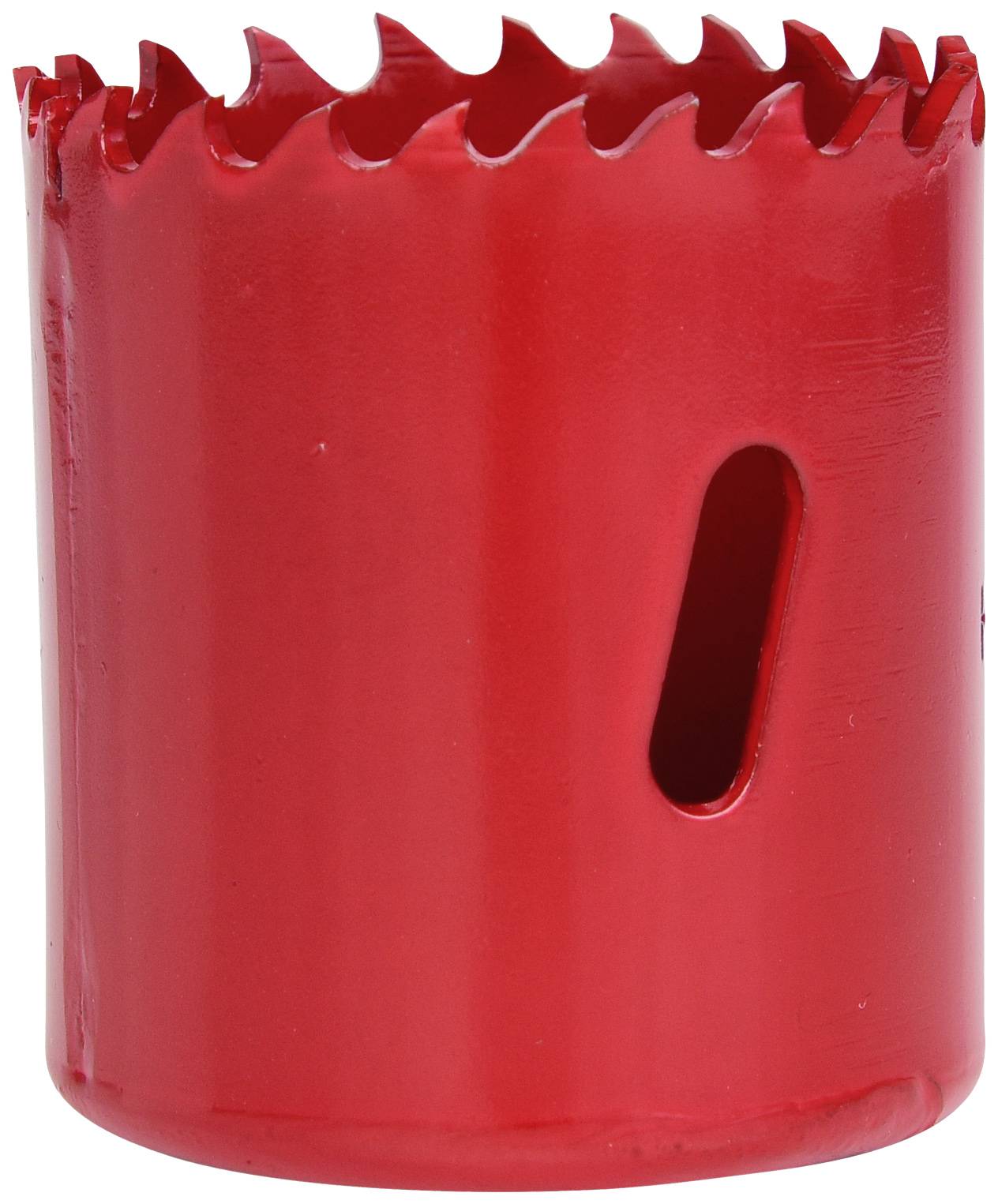 Rotes Lochsägeblatt mit gezahntem Rand und ovalem Schlitz an der Seite, verwendet zum Bohren großer Löcher in Holz oder Metall.