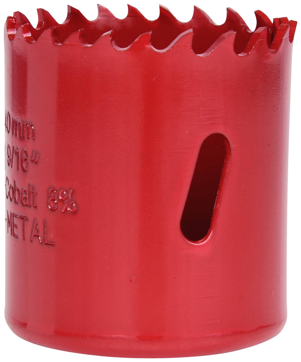 Rotes Lochsägeblatt mit gezacktem Rand und seitlichem Schlitz, sorgt für effizientes Bohren in Metalle.