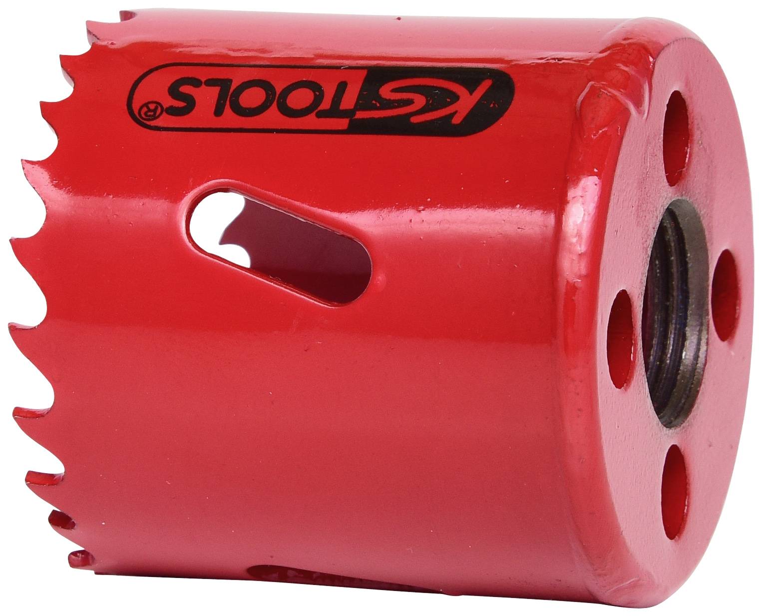 Roter Lochsägeaufsatz mit gezahntem Rand, gefertigt aus Metall, auf die Marke KS Tools hinweisend. Verwendet zum Bohren von runden Löchern.