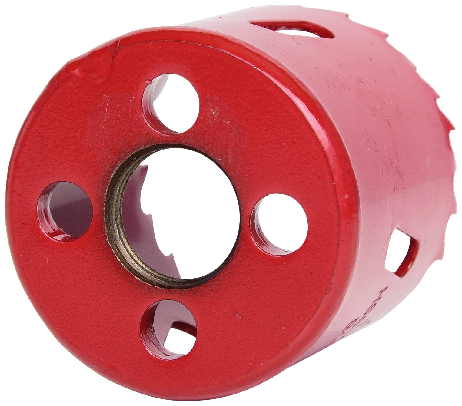 Ein roter Lochsägeaufsatz mit mehreren Schneidezähnen und Löchern, geeignet zum Bohren in verschiedenen Materialien.