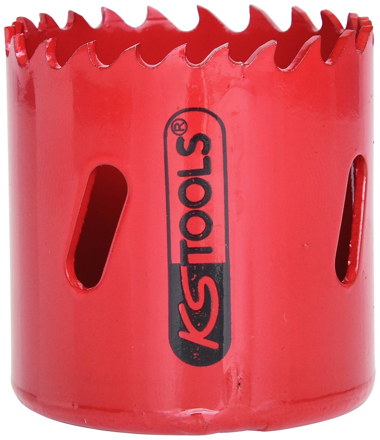 Roter Lochsägenaufsatz mit gezackten Kanten und drei Lüftungsschlitzen, Markenname 'KS Tools' in Schwarz auf der Seite.