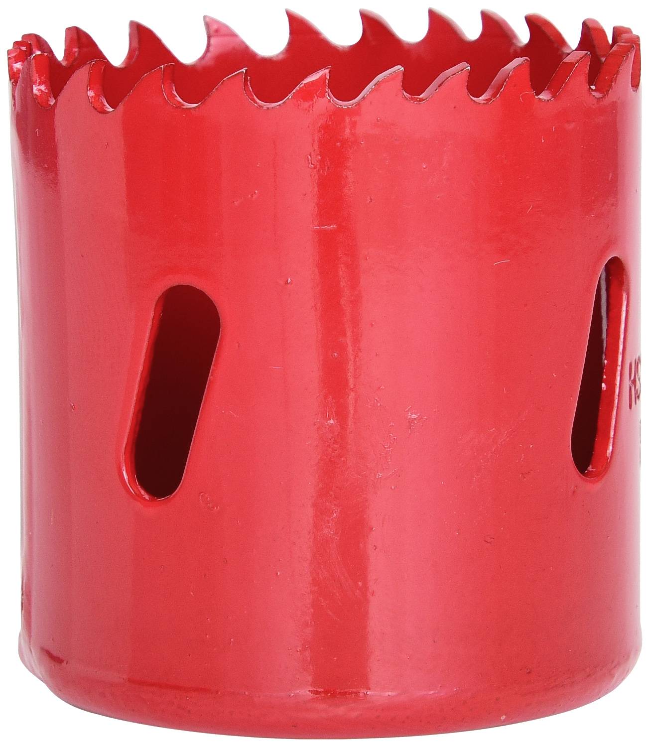 Ein roter Lochsägeaufsatz mit scharfen Zähnen für Bohraufsätze, verwendet zum Schneiden runder Löcher in Materialien wie Holz oder Metall.