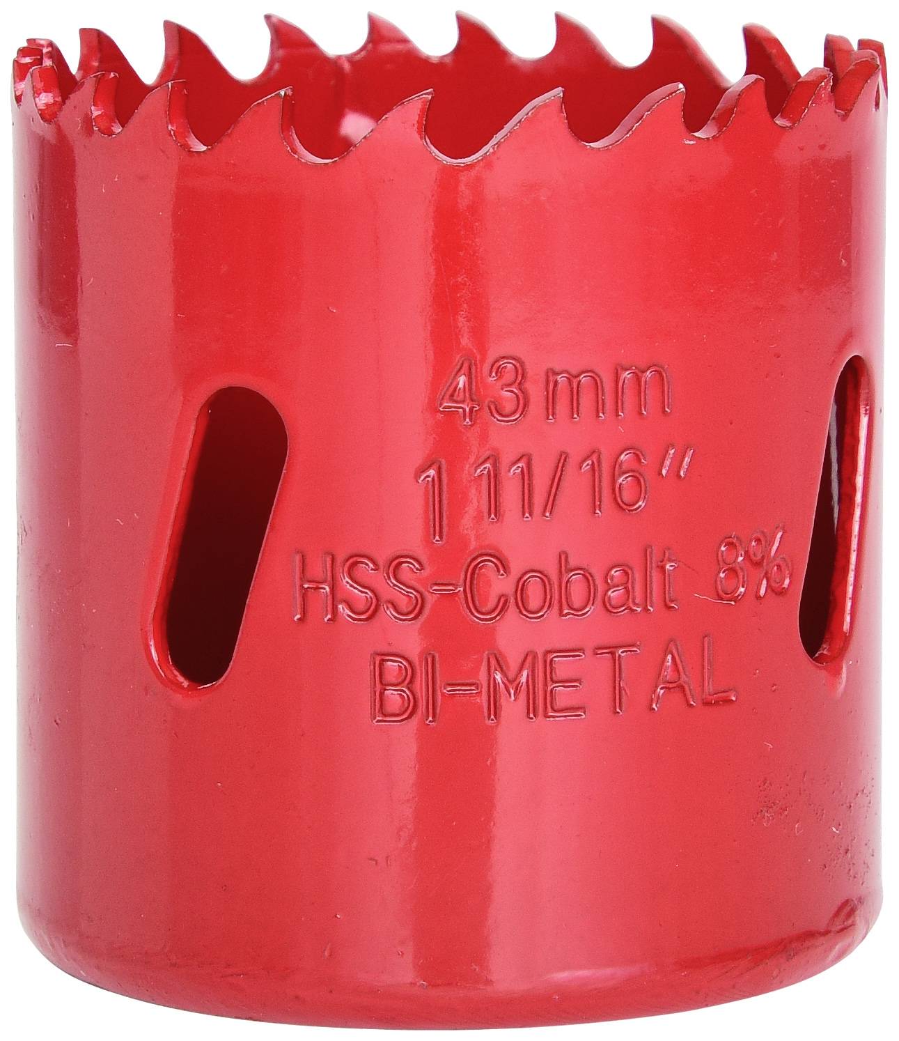Rotes Bimetall-Kronenbohrer mit der Aufschrift '43mm 1 11/16