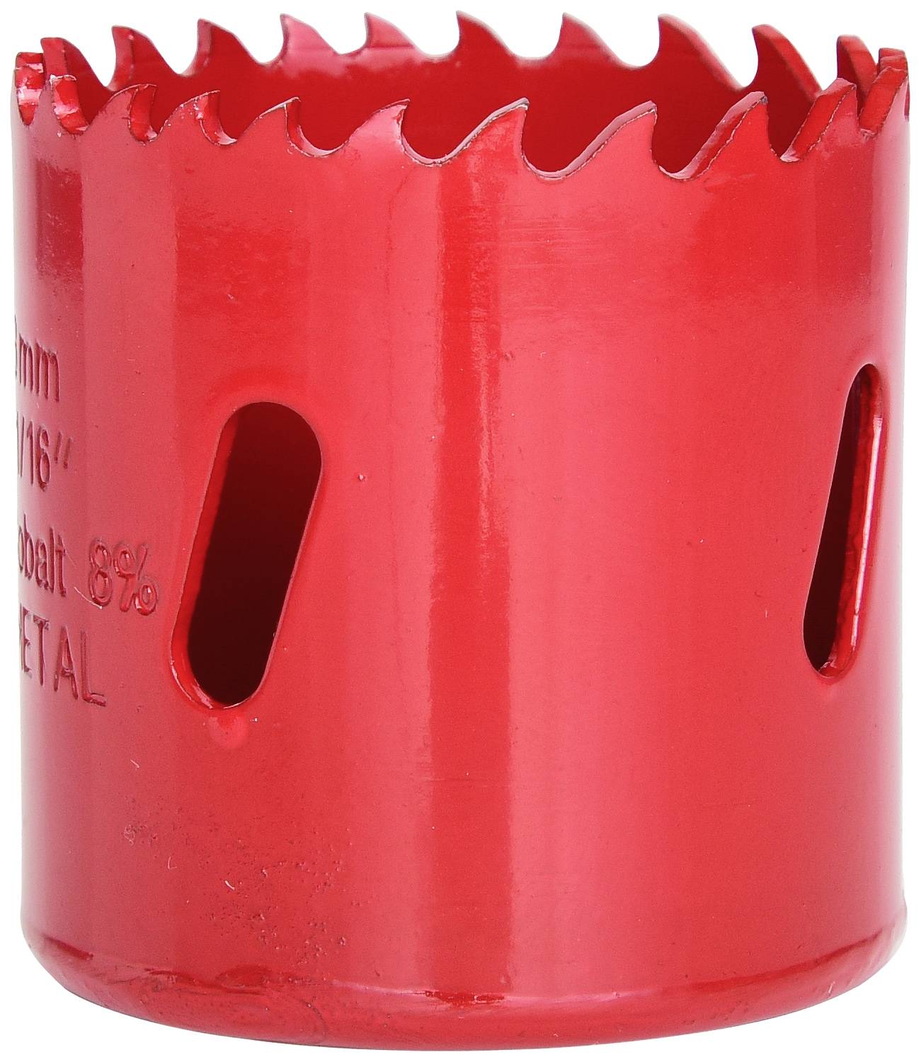 Ein roter Kreisschneider mit gezackten Kanten und seitlichen Schlitzen für die Metallbearbeitung.