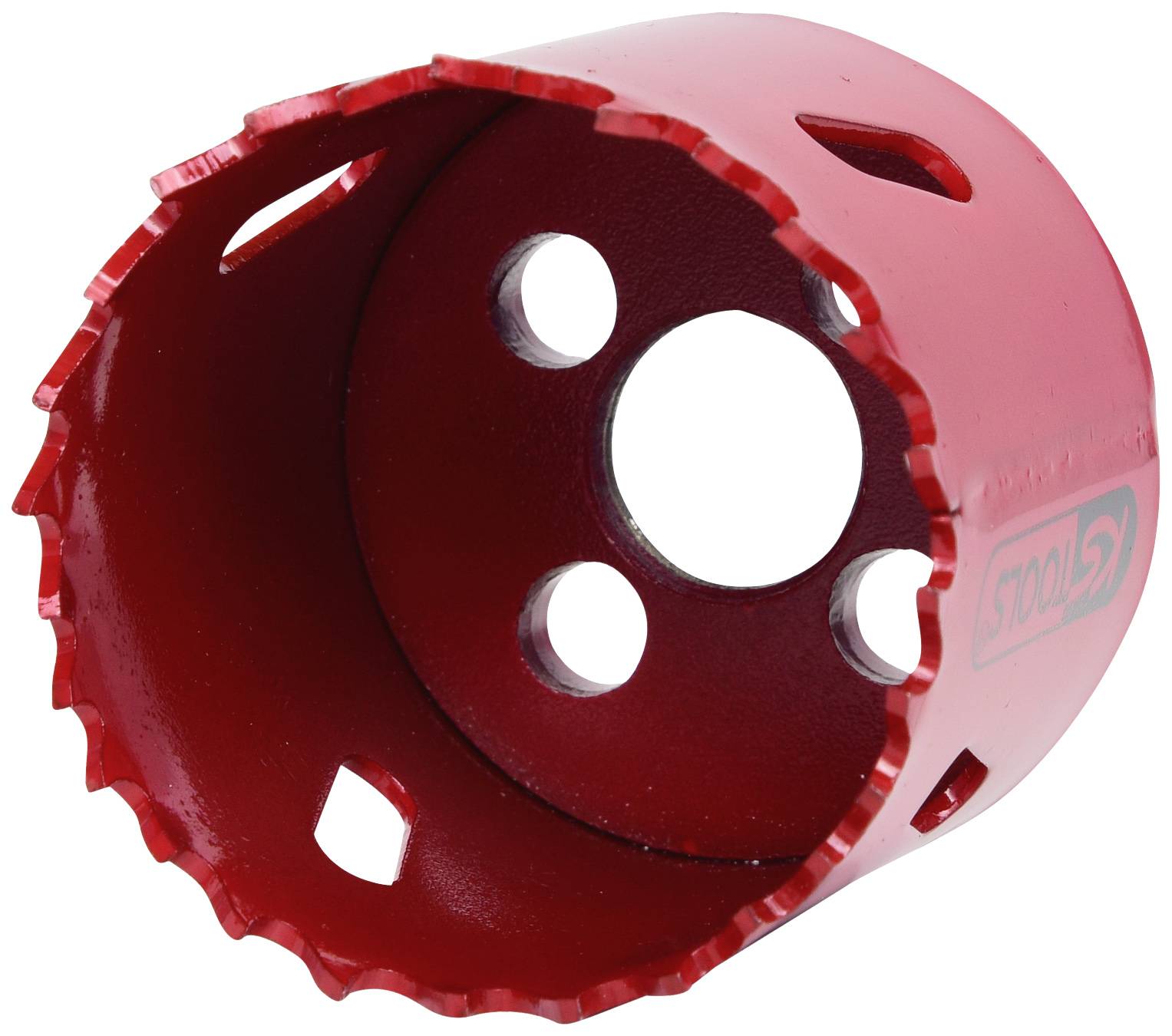 Roter Lochsägebohrer mit zylindrischer Form, gezacktem Schneidrand und mehreren Löchern, verwendet zum Bohren in feste Materialien.