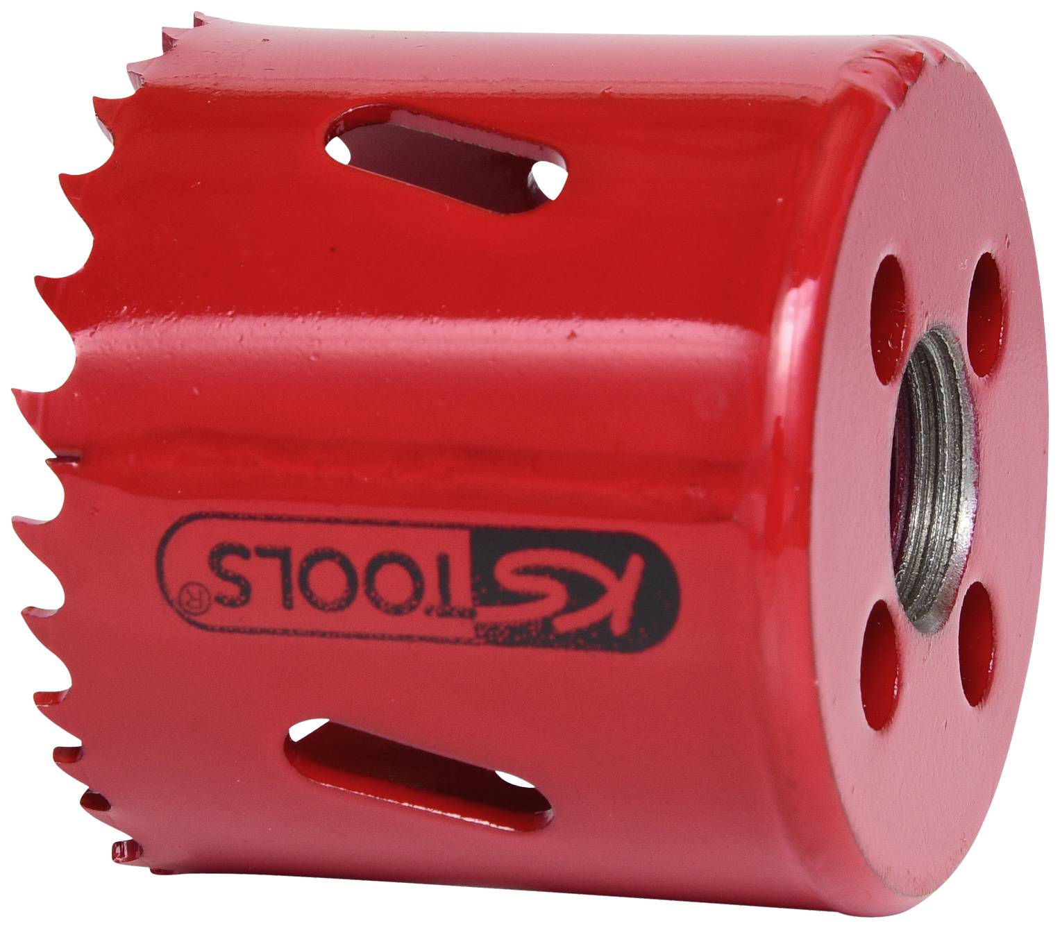 Roter Lochsäge-Aufsatz mit gezackten Kanten und mittigem Gewinde zur Befestigung an einem Bohrer.