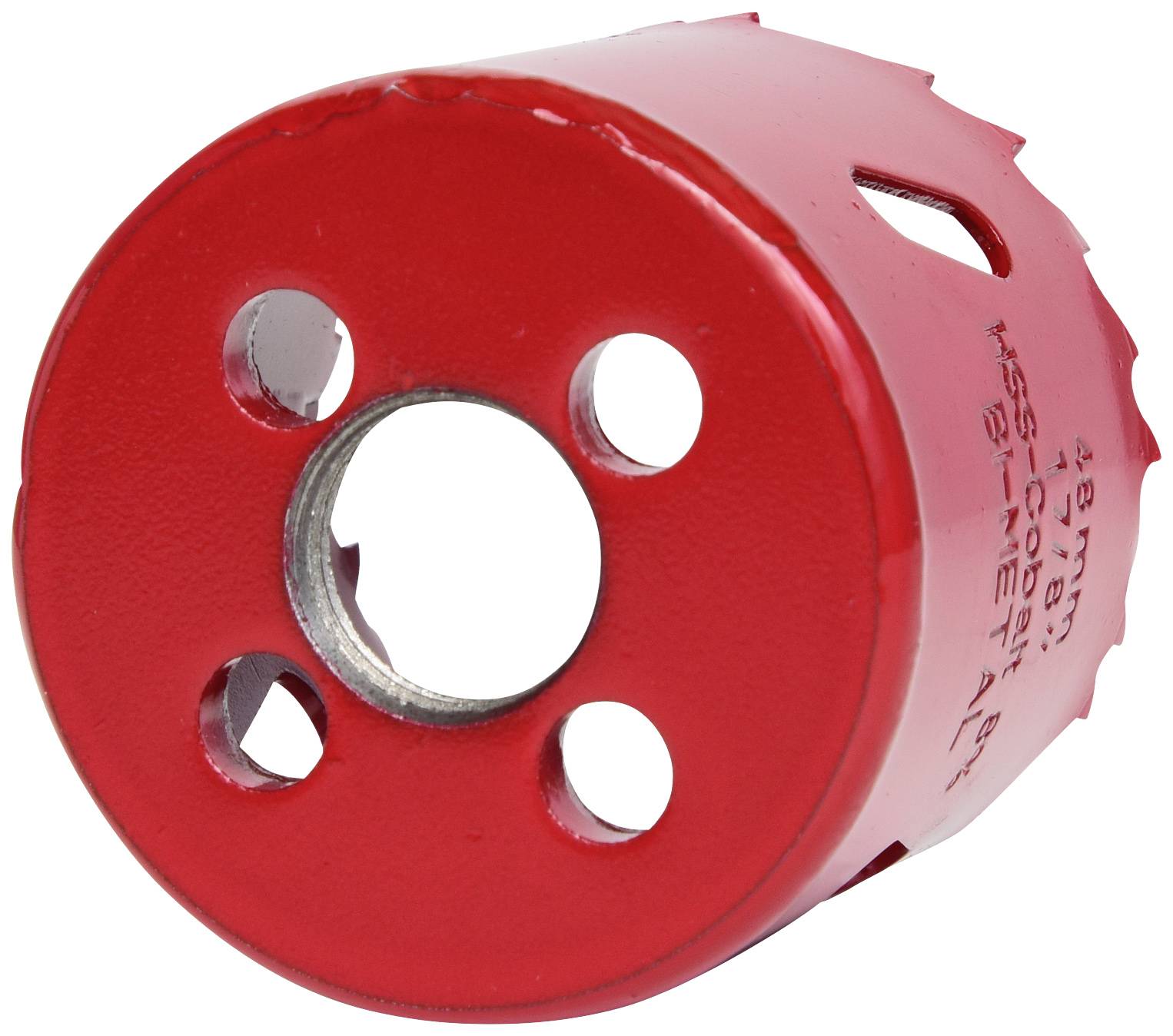 Ein rotes Lochsägeblatt mit fünf Löchern und gezackten Kanten. Es ist für das Bohren in verschiedenen Materialien geeignet.