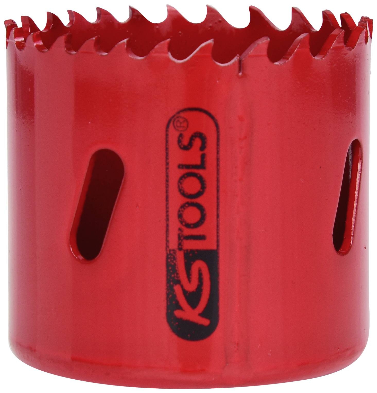 Ein roter Lochsägeaufsatz mit gezacktem Rand, Markenname 'KS TOOLS' ist auf der Seite aufgedruckt. Verwendet zum Schneiden von Löchern.