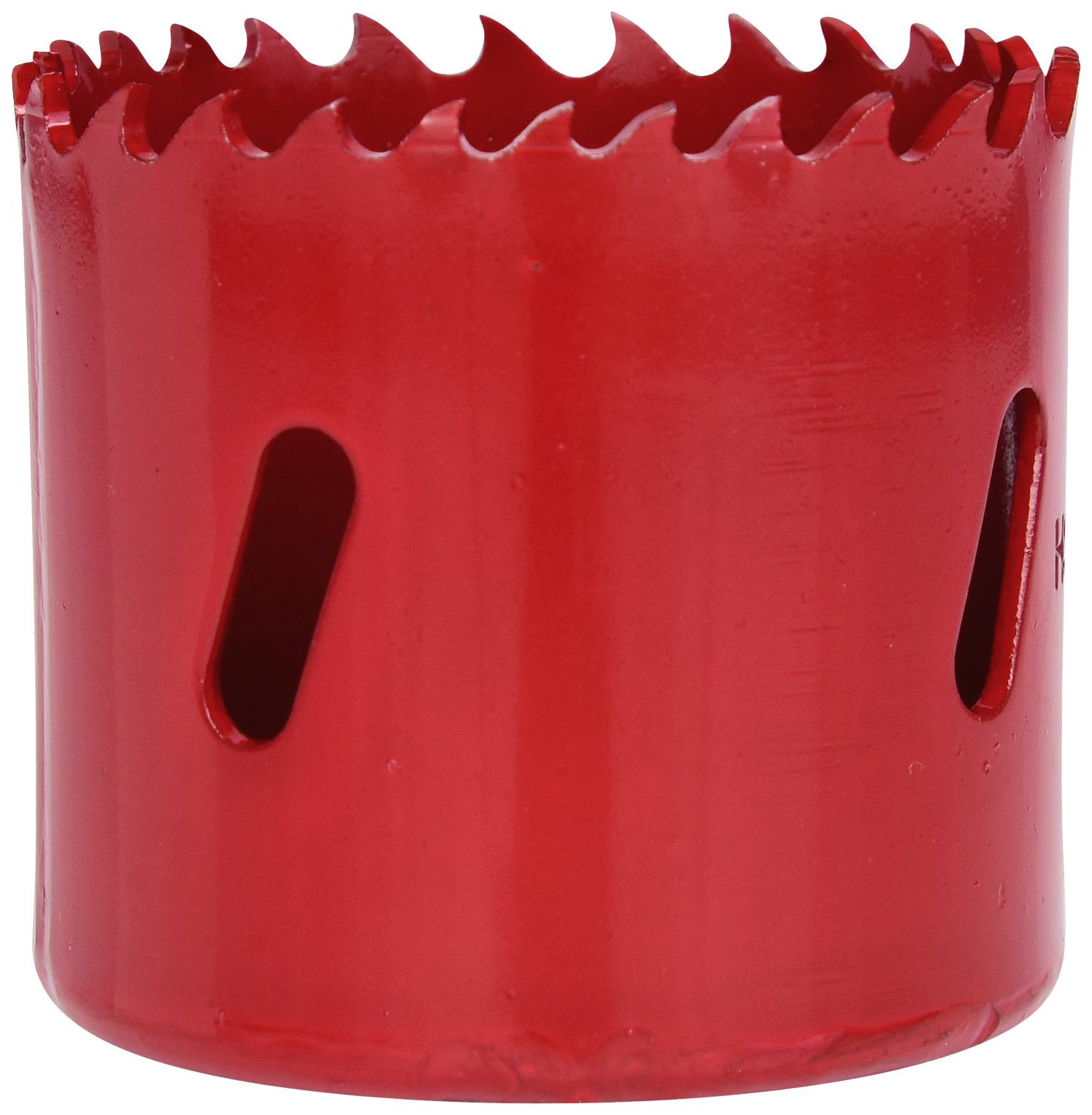 Ein roter Lochsägeaufsatz mit gezackten Zähnen oben, verwendet zum Bohren großer Löcher in Materialien wie Holz oder Metall.