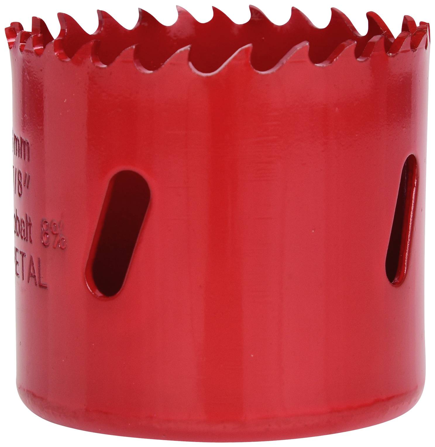 Roter Metall-Lochsägeaufsatz mit gezackten Kanten, zylindrischer Form und seitlichen Schlitzen. Geeignet für Bohrarbeiten in Metall.