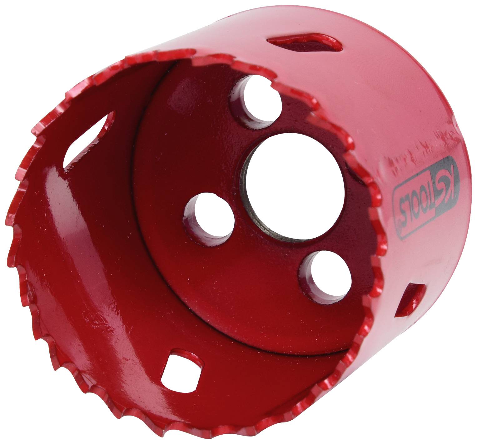 Roter Lochsägenaufsatz mit gezackten Kanten, geeignet für das Bohren in Holz oder Metall.