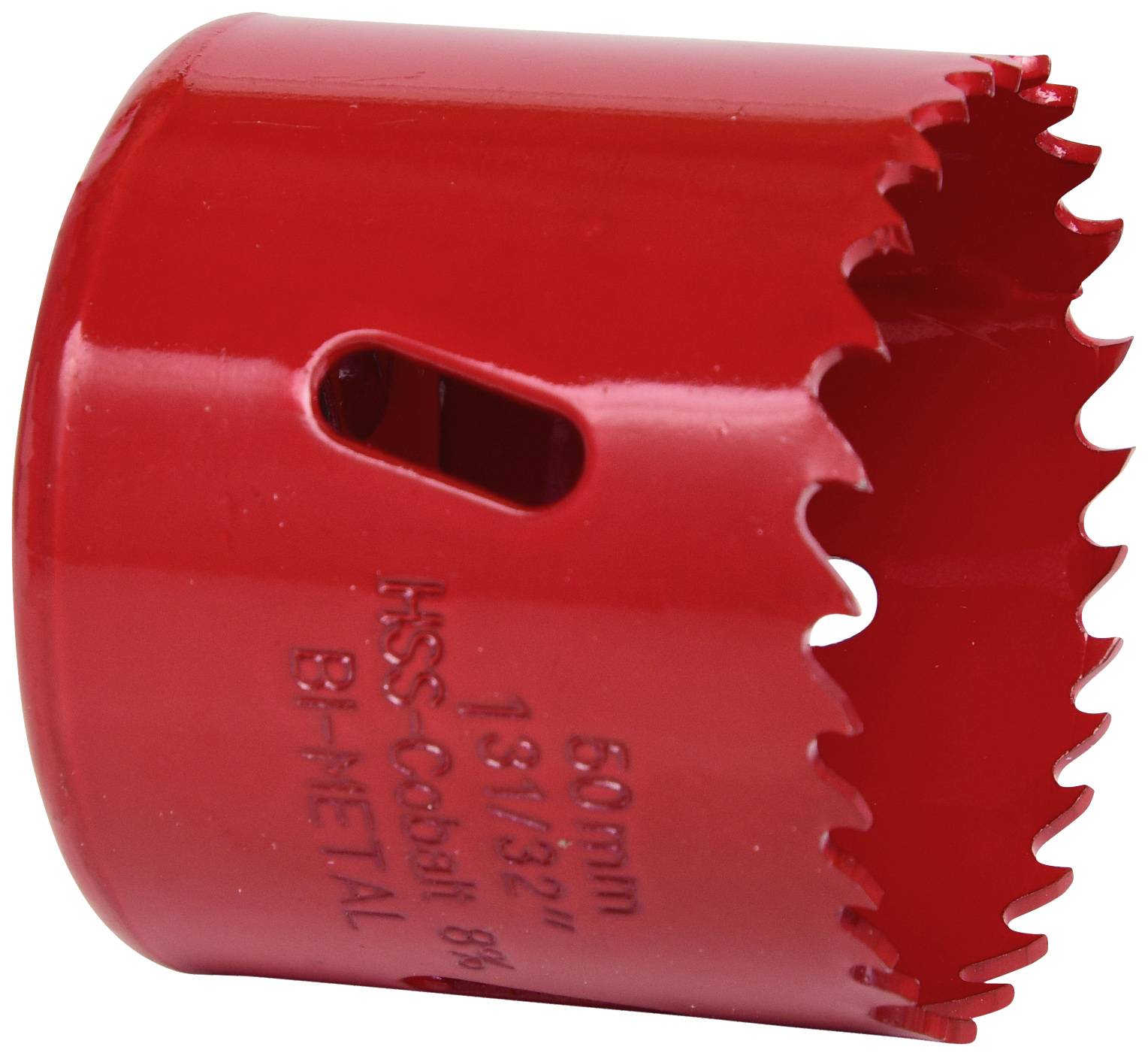 Rotes Lochsägeblatt mit gezacktem Rand, seitlicher Öffnung und aufgedruckten Maßen: 60 mm, 2 3/8