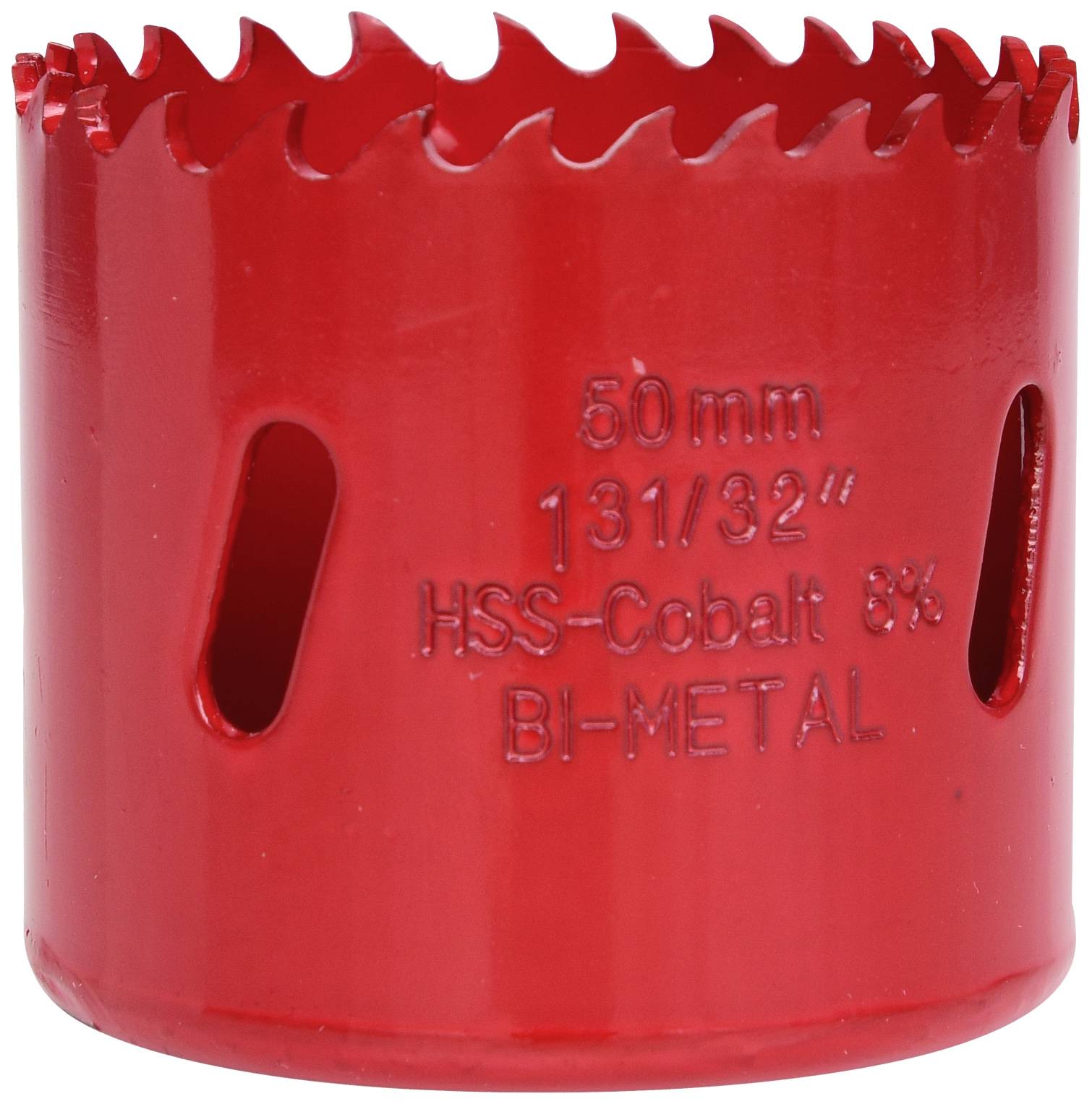 Roter HSS-Cobalt 8% Bi-Metall-Lochsägenaufsatz, 50 mm Durchmesser, mit scharfen Zähnen und Lüftungsschlitzen für präzises Bohren.