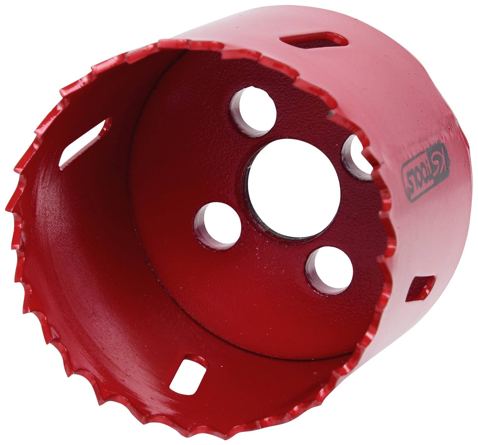Ein roter Lochsägenaufsatz mit gezackten Kanten und mehreren Bohrlöchern, geeignet zum Bohren großer Löcher in Materialien.
