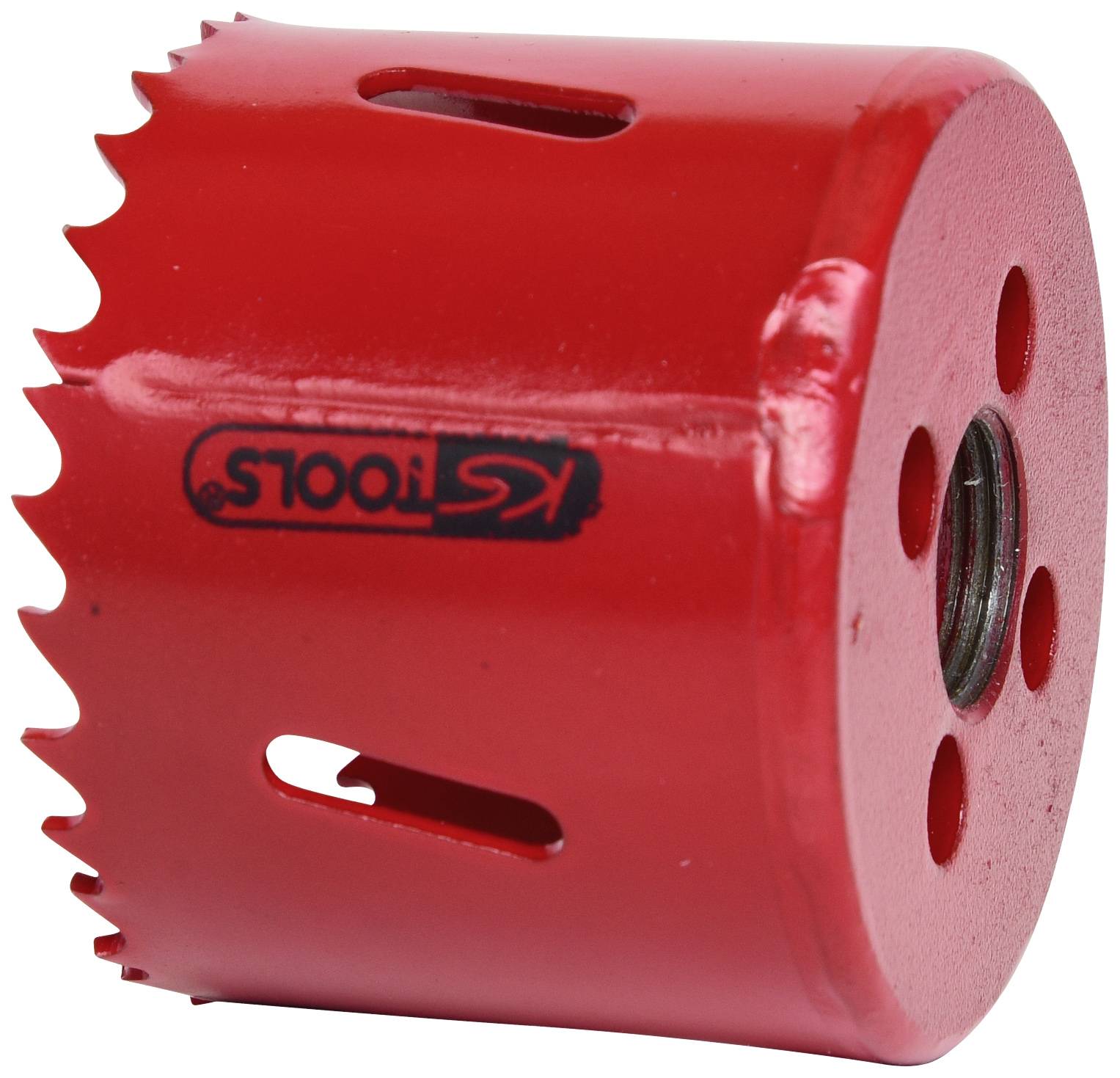 Roter Lochsägeaufsatz mit gezacktem Rand und mehreren Bohrungen. Markenlogo auf der Seite. Verwendet zum Bohren großer Löcher in Materialien.
