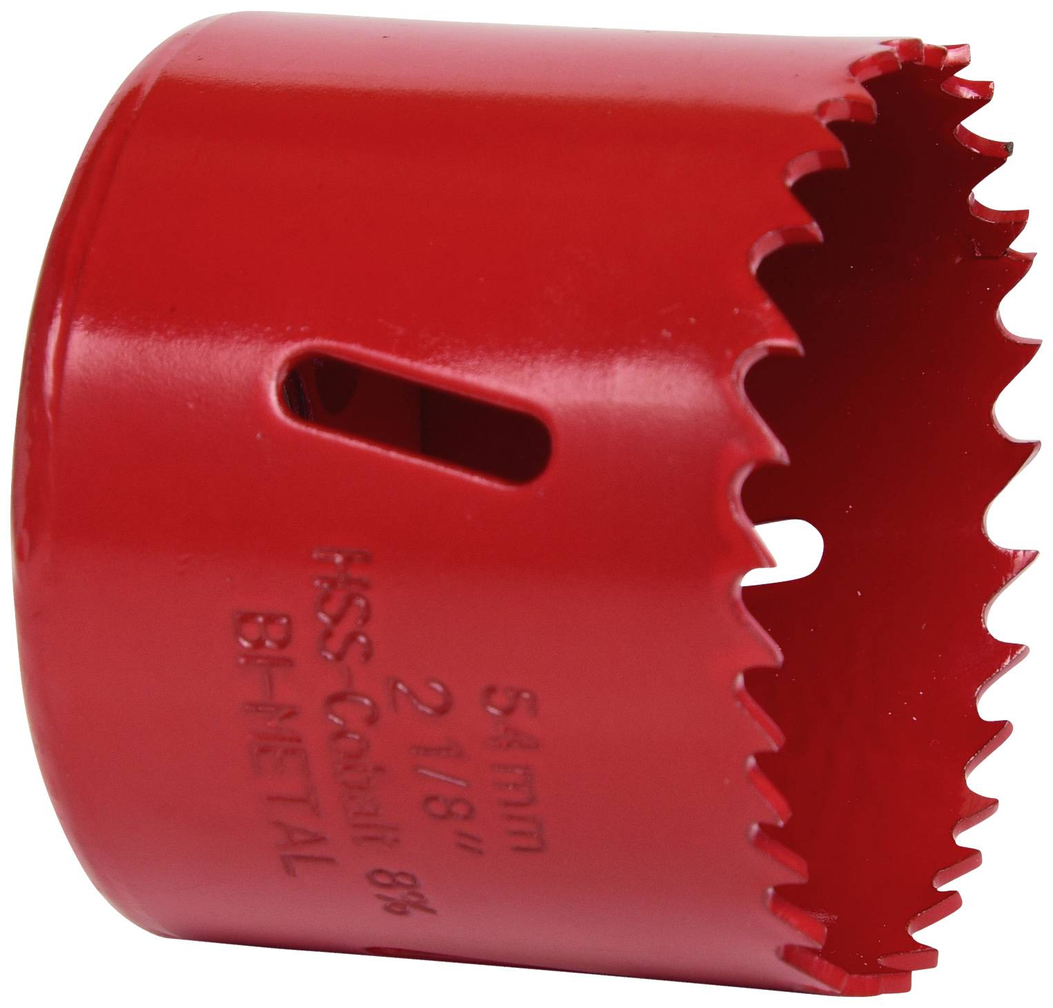 Rote Lochsäge aus Bi-Metall mit gezacktem Rand und Lüftungsschlitzen, beschriftet mit Größe und Material. Werkzeug für präzises Bohren.