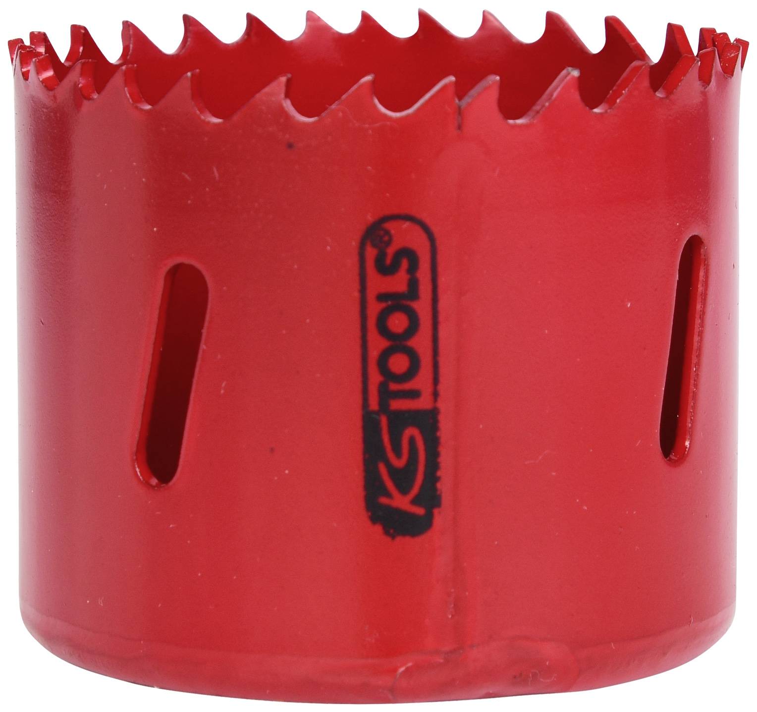 Roter Lochsägeaufsatz aus Metall mit gezackter Kante, Schlitzungen an der Seite und Logo der Marke 'KS TOOLS' in der Mitte.