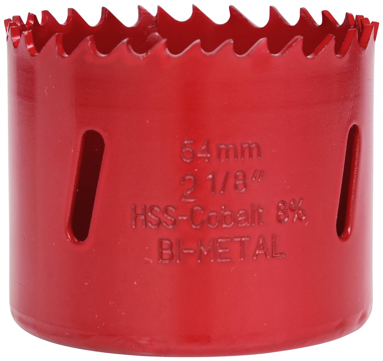 Roter Bi-Metall-Lochsägeaufsatz mit der Aufschrift '54 mm, 2 1/8