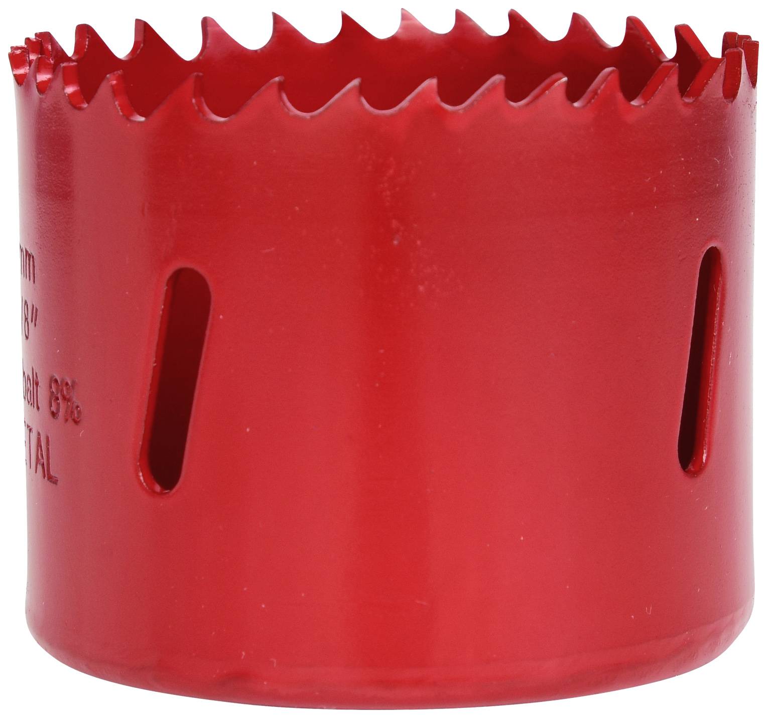 Rotes Lochsägeblatt mit gezackten Rändern, verwendet zum Bohren großer Löcher in Materialien wie Holz oder Metall.