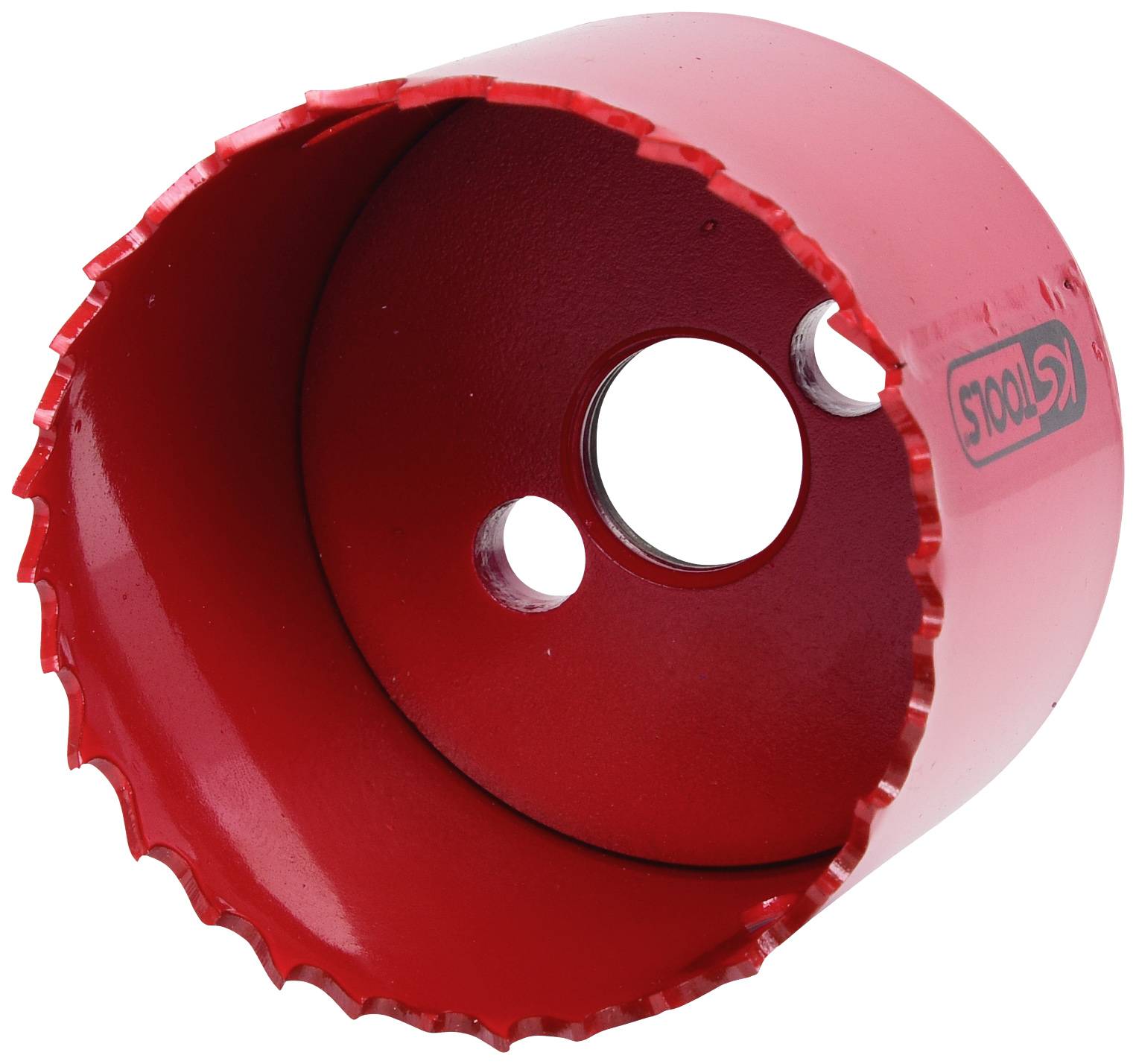 Eine rote Lochsäge mit scharfen Zähnen, geeignet zum Bohren großer Löcher in verschiedenen Materialien, wird frontal gezeigt.