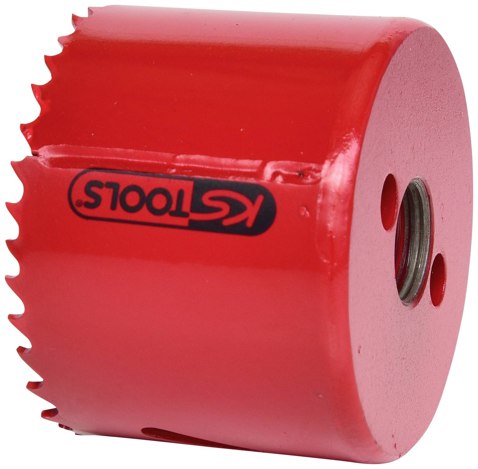 Rote Lochsäge mit gezacktem Rand und 'KS TOOLS'-Logo an der Seite. Designed zum Bohren großer Löcher in Materialien.