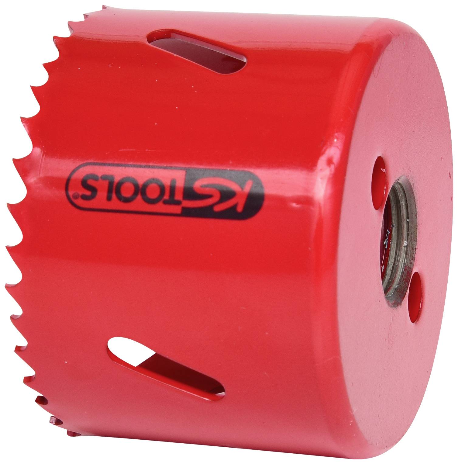 Rotes Lochsägeblatt aus Metall mit Zähnen und Aufschrift 'KStools', verwendet für das Bohren großer Löcher in Materialien.