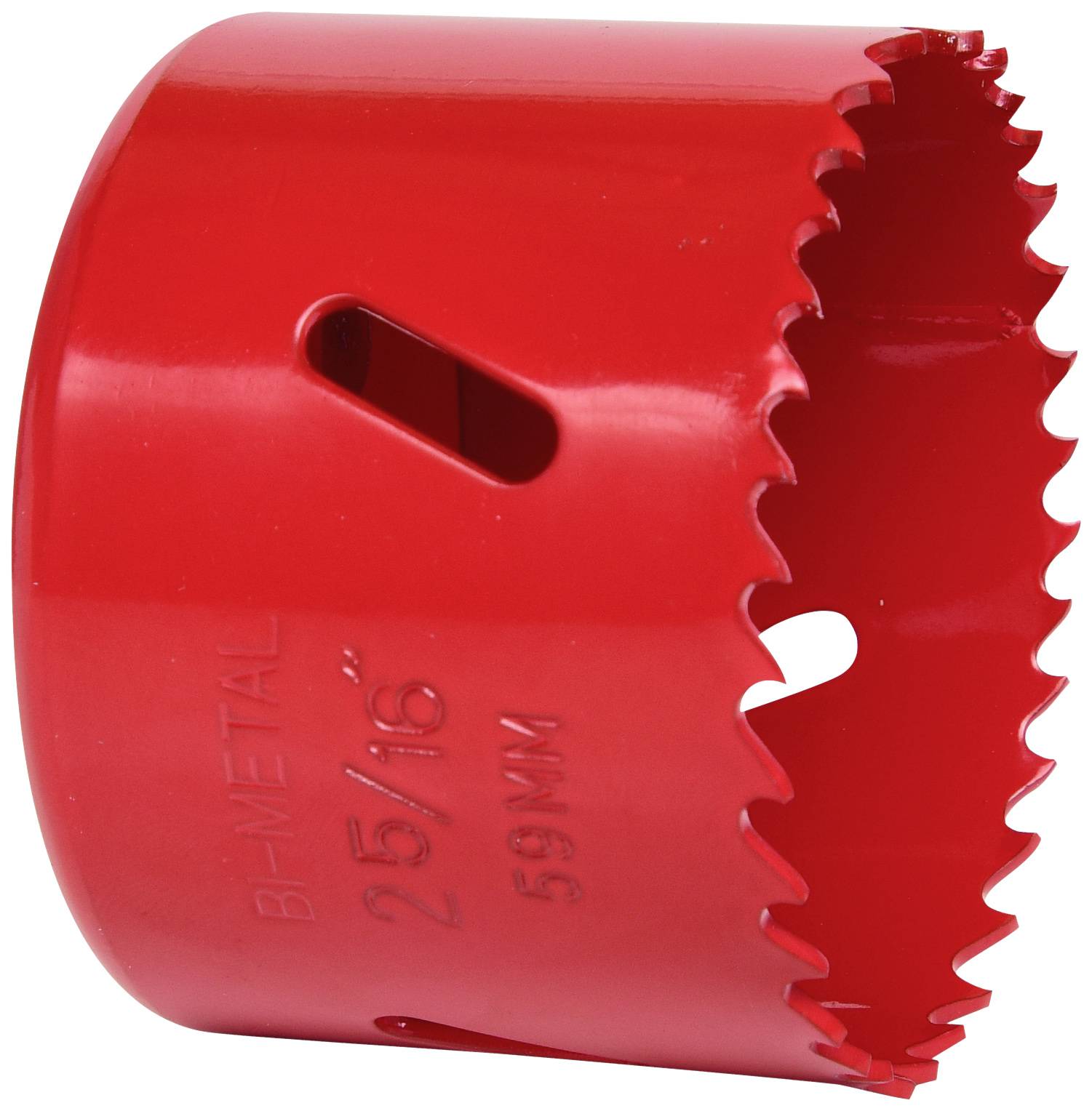 Rote Bi-Metall-Lochsäge, Größe 25/16 Zoll (59 mm), mit gezahntem Rand, geeignet für präzises Bohren in Holz und Metall.