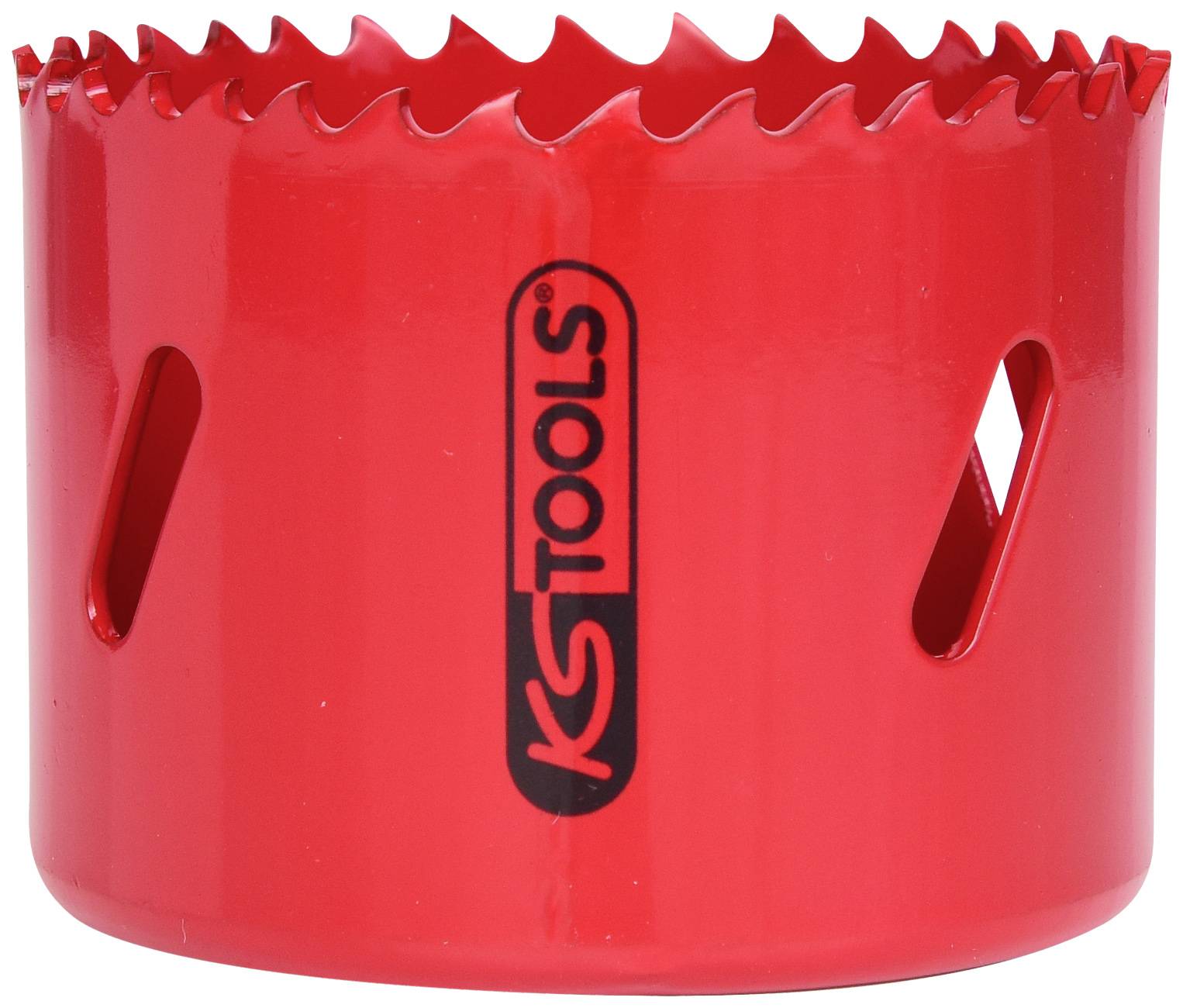 Roter Lochsäge-Aufsatz aus Metall. Markenlogo auf der Seite. Geeignet zum Schneiden von runden Löchern in verschiedene Materialien.