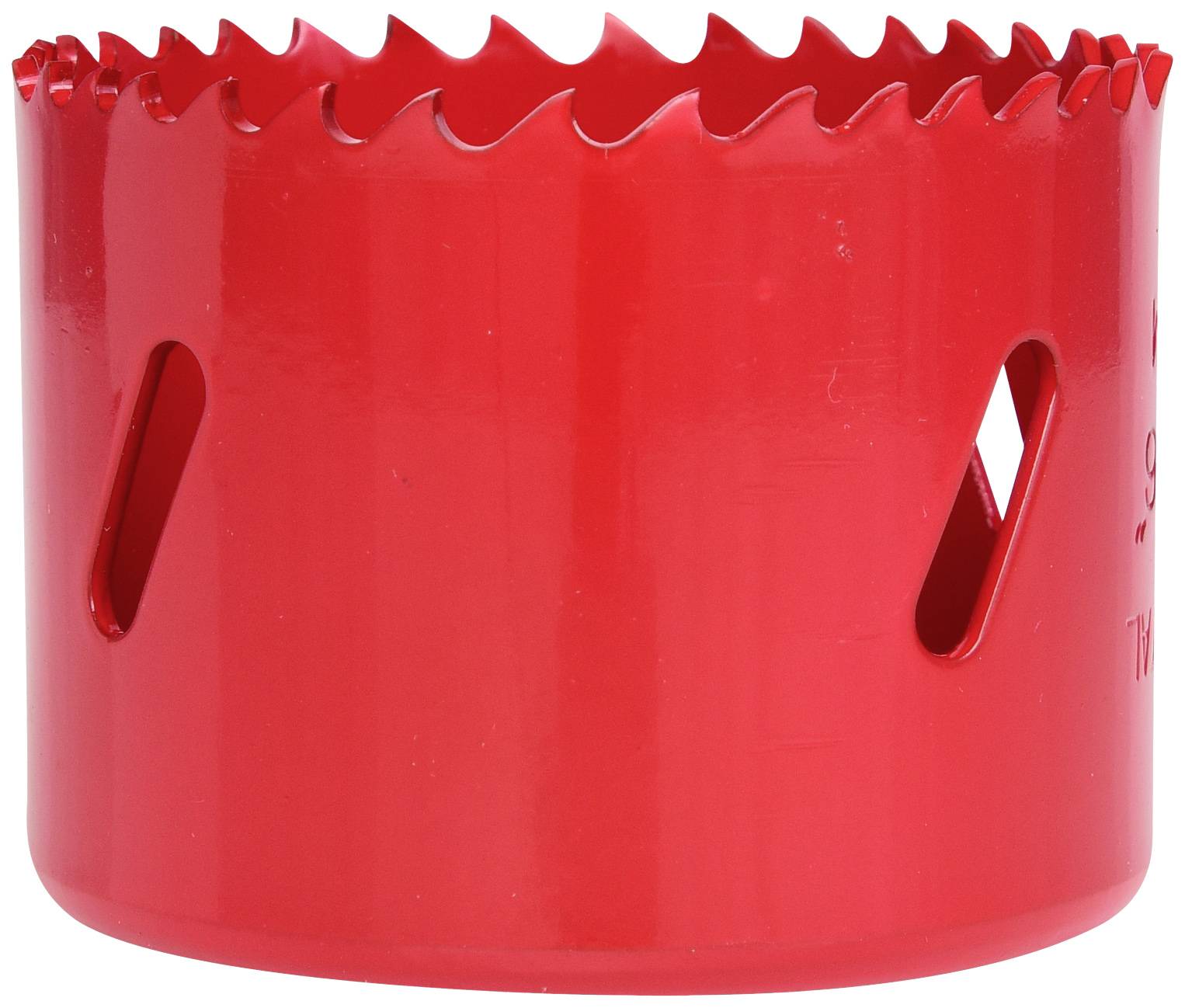 Roter Lochsägenaufsatz mit gezackten Kanten, verwendet zum Bohren großer Löcher in Materialien wie Holz oder Metall.