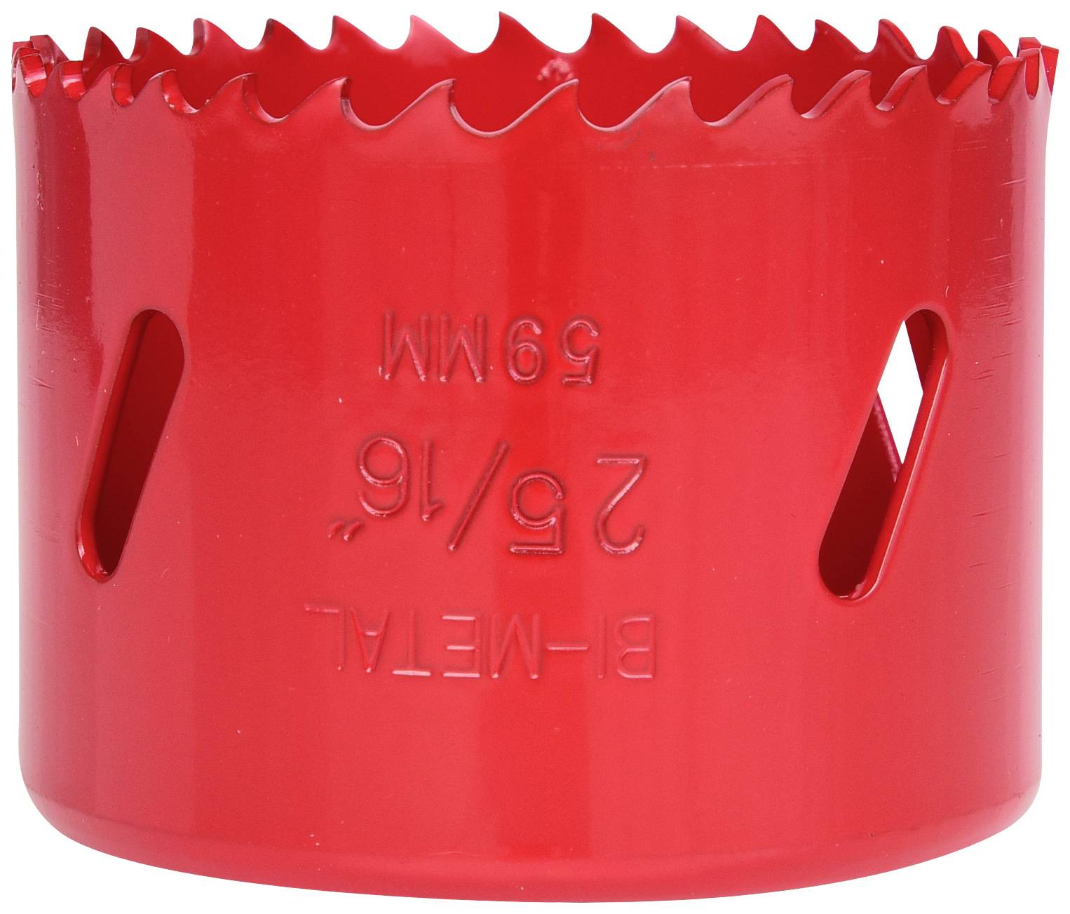 Rote Lochsäge mit gezacktem Rand, Aufschrift '59 mm, 2 5/16'. Verwendet zum Bohren kreisförmiger Löcher in Materialien.