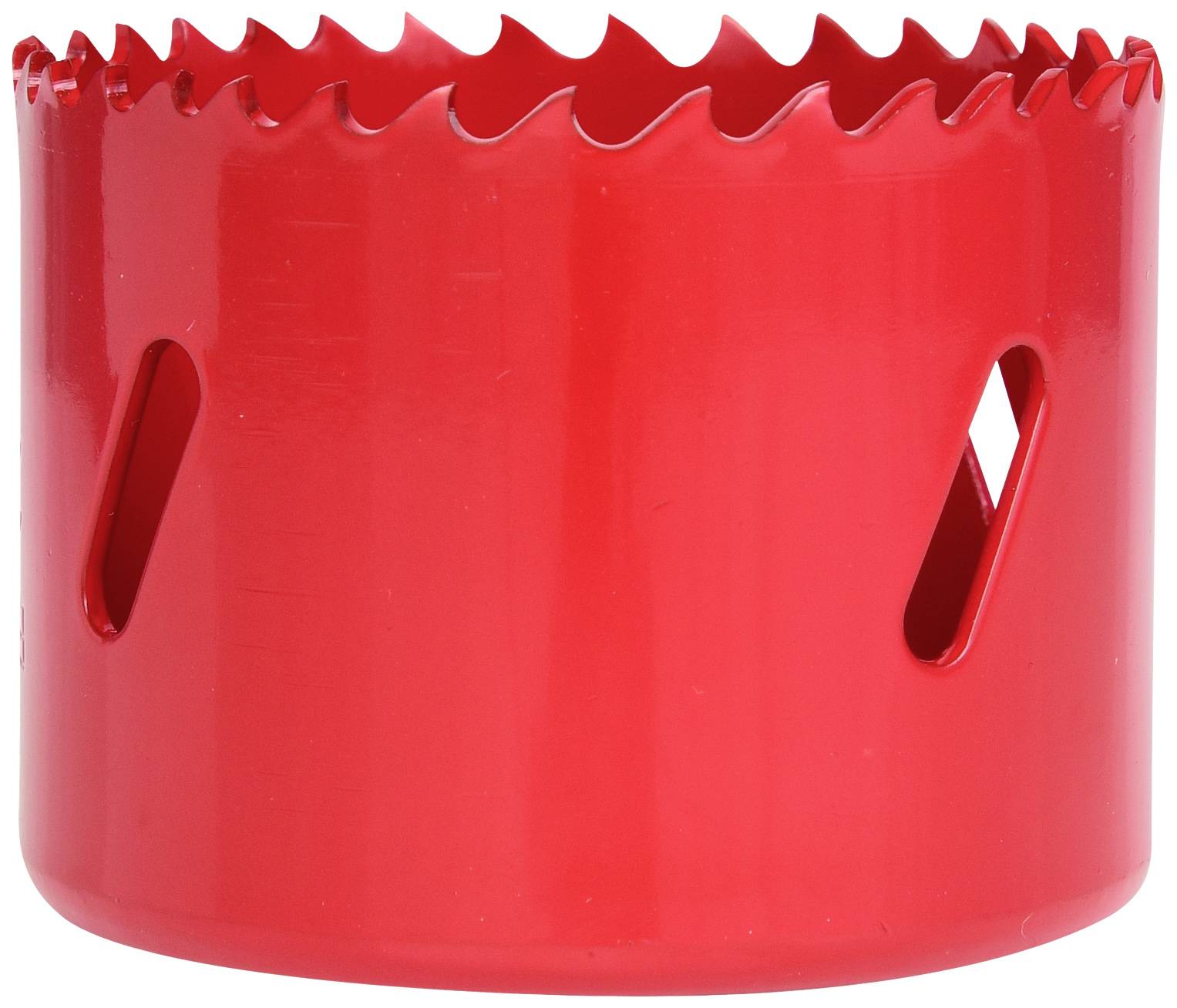 Ein roter Lochsäge-Aufsatz mit gezahntem Rand und Belüftungsöffnungen auf der Seite, geeignet für handwerkliche Arbeiten.