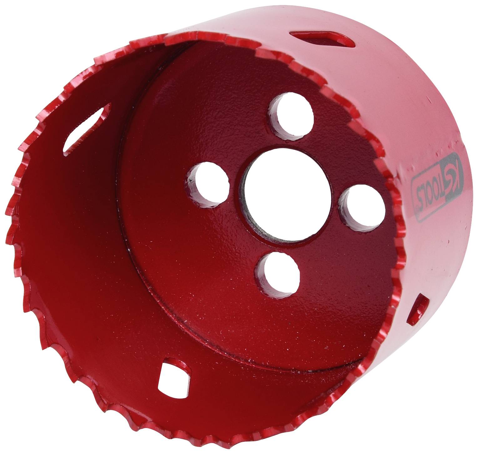 Roter Lochsägeaufsatz mit gezackten Kanten und mehreren Rundlöchern, geeignet für Bohren in Holz oder Metall.