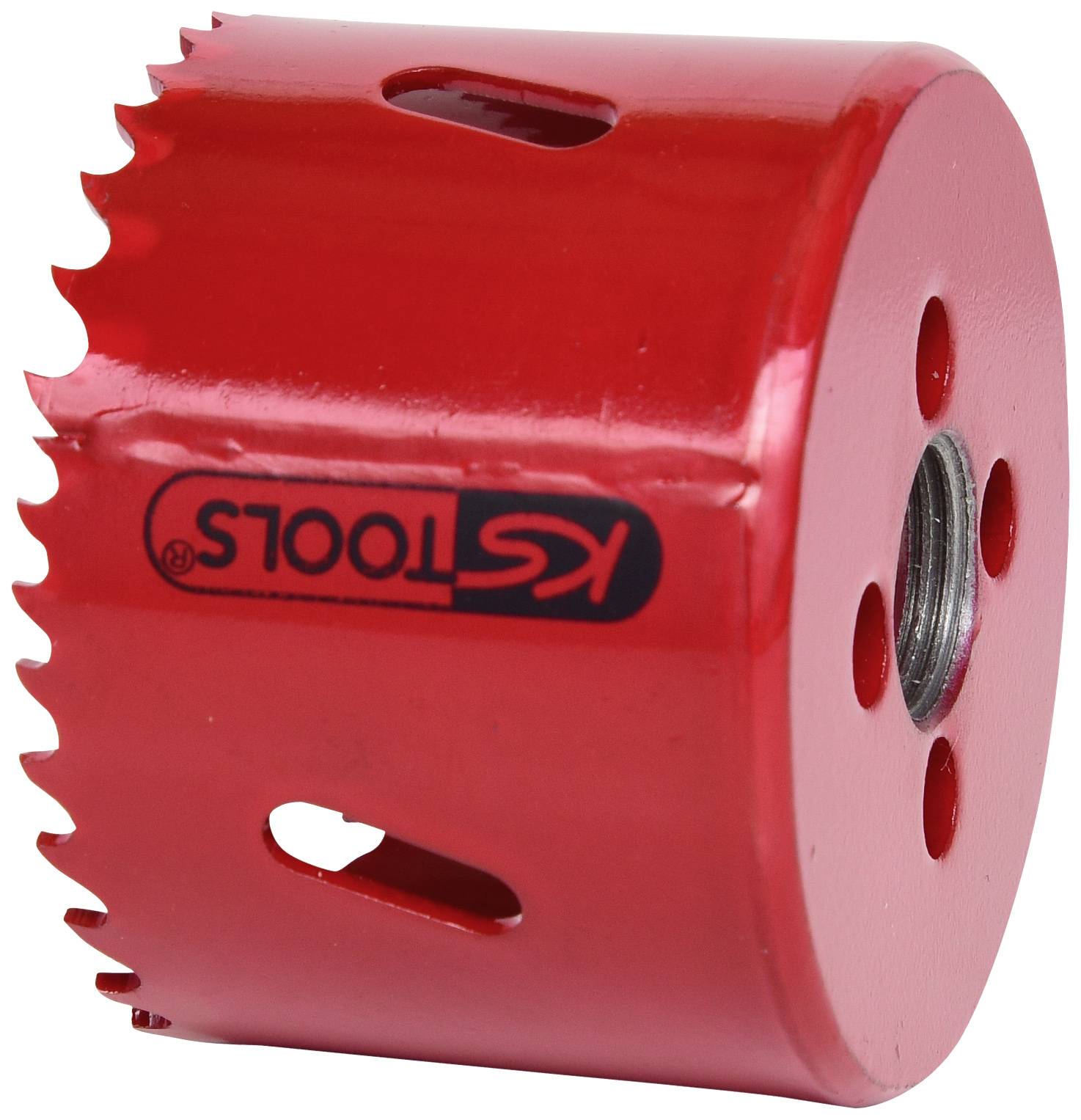 Rotes Lochsägeblatt aus Metall mit gezackten Schneidzähnen und schwarzer Aufschrift 'KS Tools'.