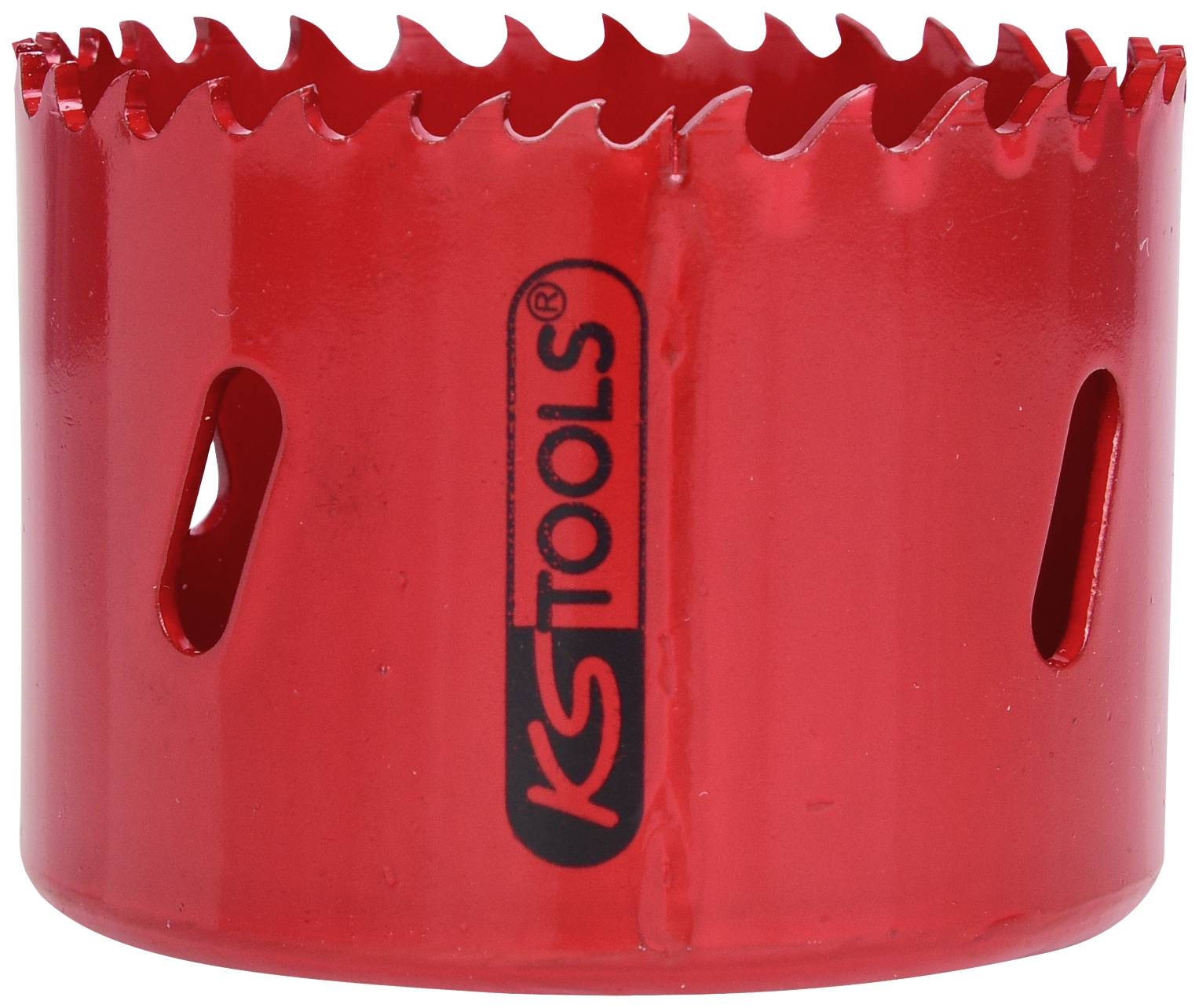 Ein roter Lochsägenaufsatz mit scharfen Zähnen und dem Aufdruck 'KS Tools', wird zum Bohren von kreisförmigen Löchern in Materialien verwendet.