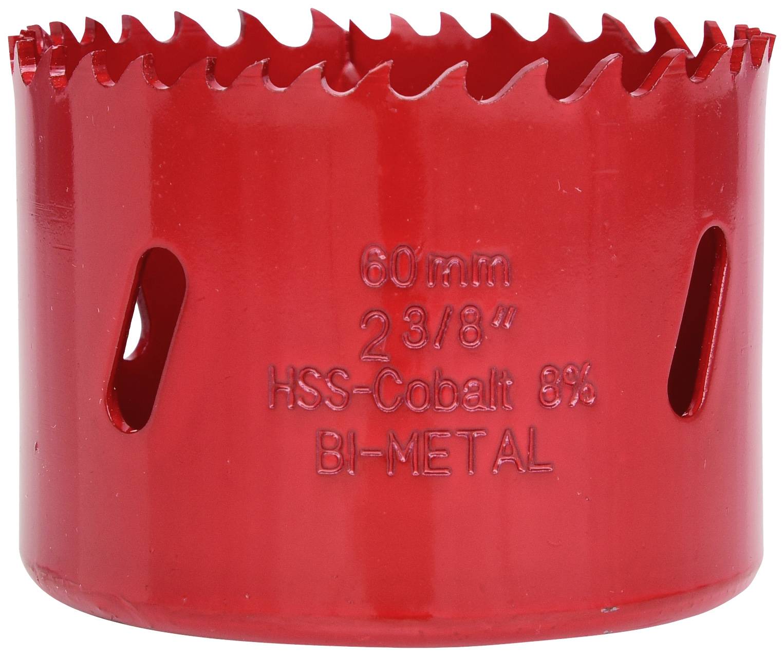 Ein roter HSS-Cobalt 8% Bi-Metall Lochsägeaufsatz mit 60 mm Durchmesser für Bohrarbeiten.