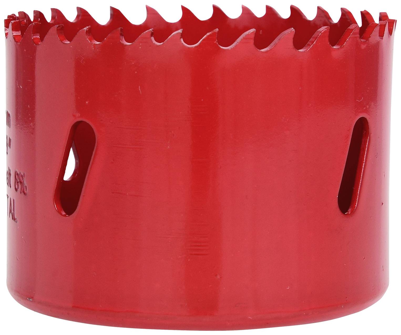 Roter Kreisschneider mit gezacktem Rand und ovalen Öffnungen, verwendet zum Bohren von runden Löchern in verschiedenen Materialien.